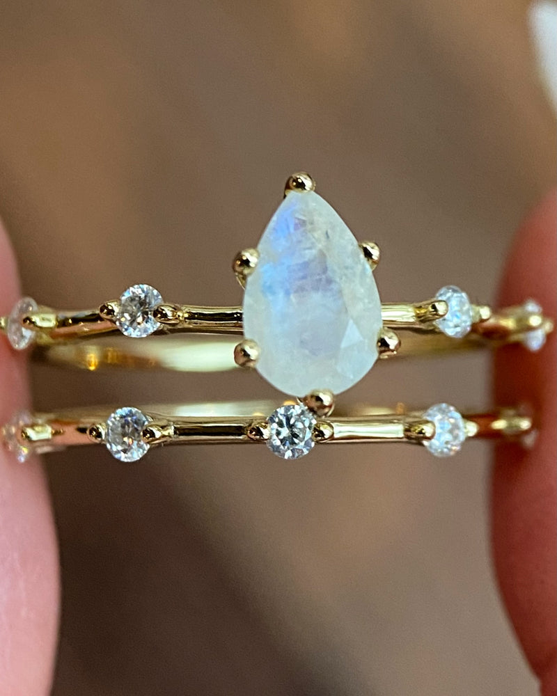 Soulmate Set | Unique Handmade Natural Blue Moonstone Engagement Ring Set 2pcs 0.75ct Pear Shape