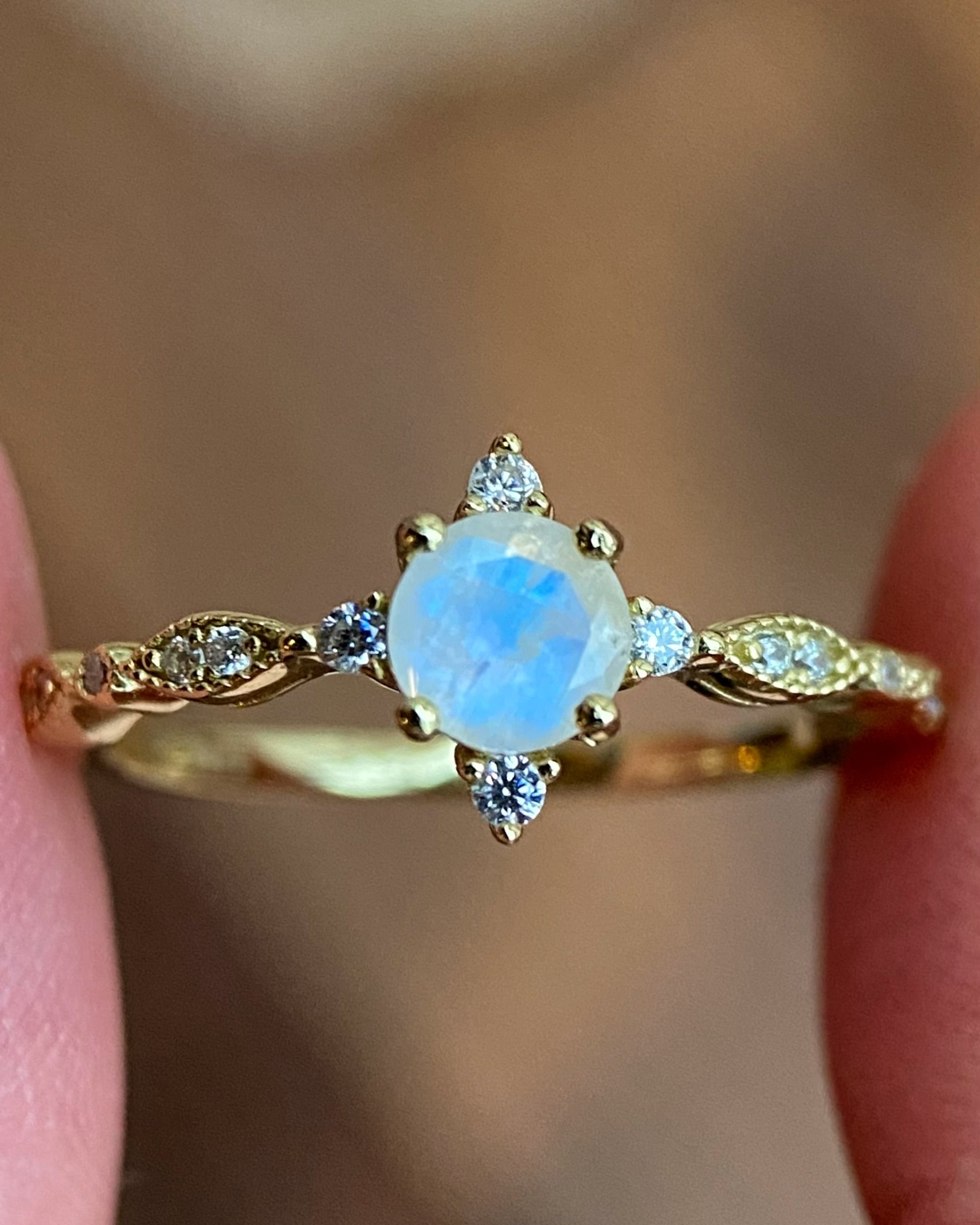 Lucentia | Handmade Natural Blue Moonstone Engagement Ring Round Cut