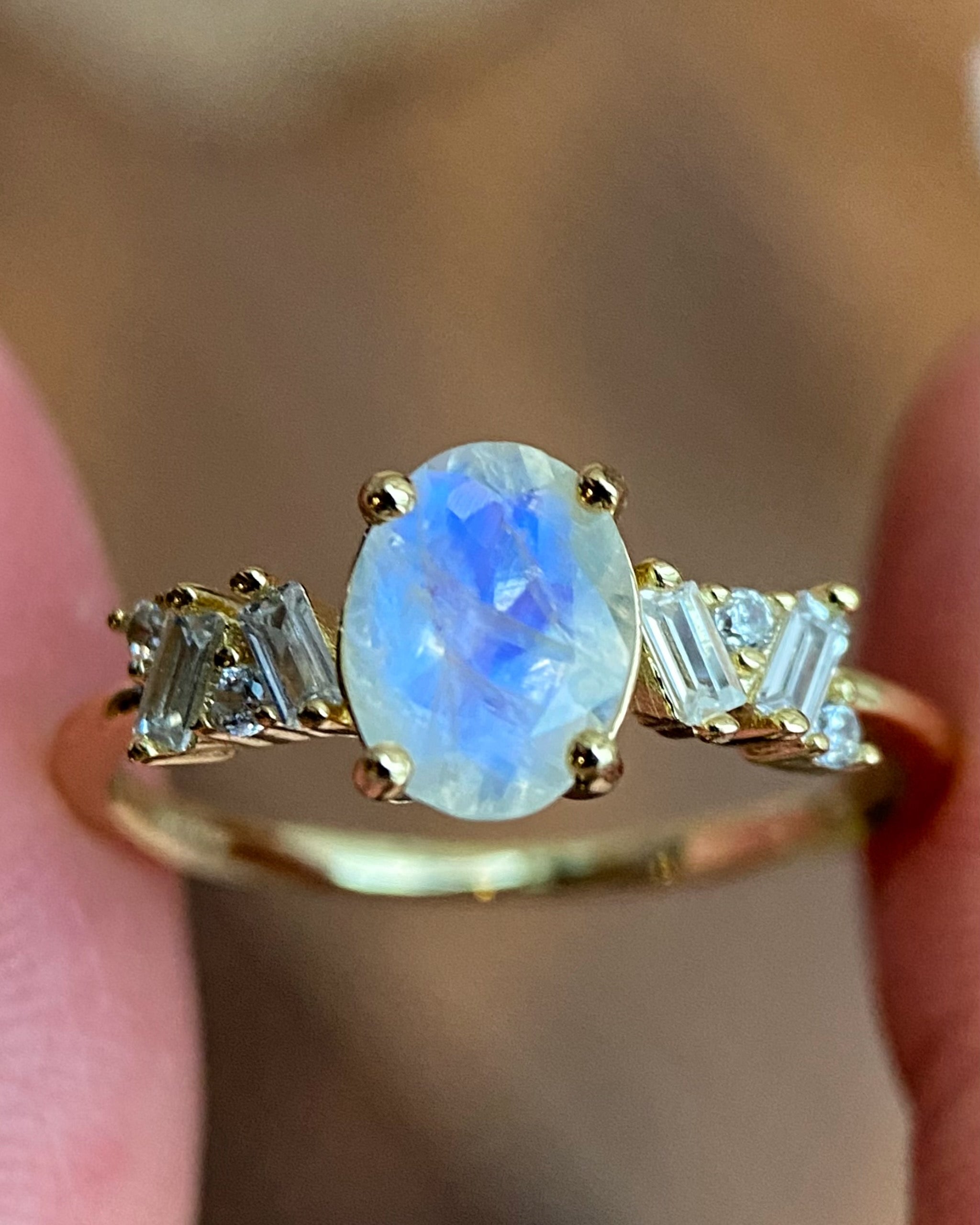 Moonbeam | Unique Handmade Natural Blue Moonstone Engagement Ring 1.5ct Oval Cut