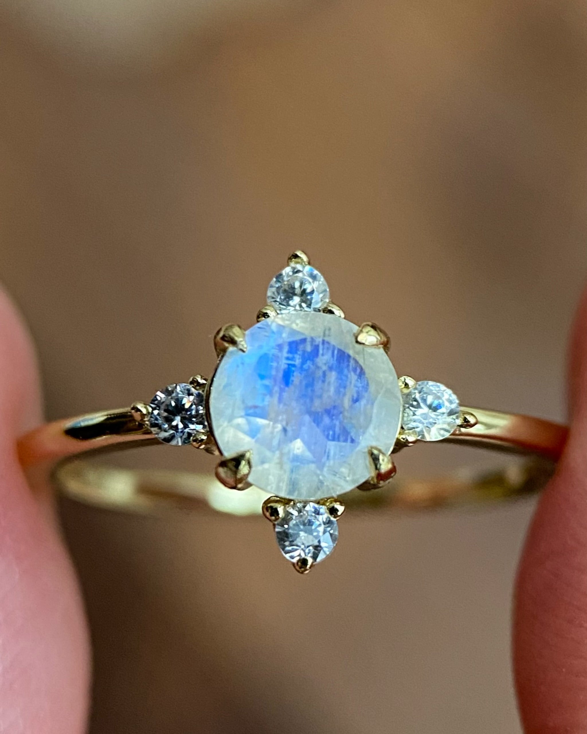 ARIADNE | Unique Handmade Natural Blue Moonstone Engagement Ring Round Cut 0.8ct