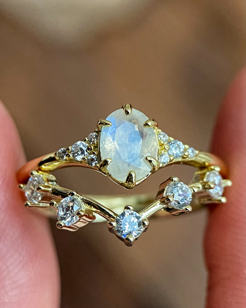 Artemis Set | Unique Handmade Natural Blue Moonstone Engagement Ring Set 2pcs 0.75ct Oval Cut