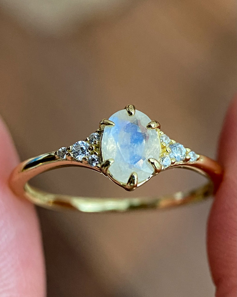 Artemis | Unique Handmade Natural Blue Moonstone Engagement Ring 0.75ct Oval Cut