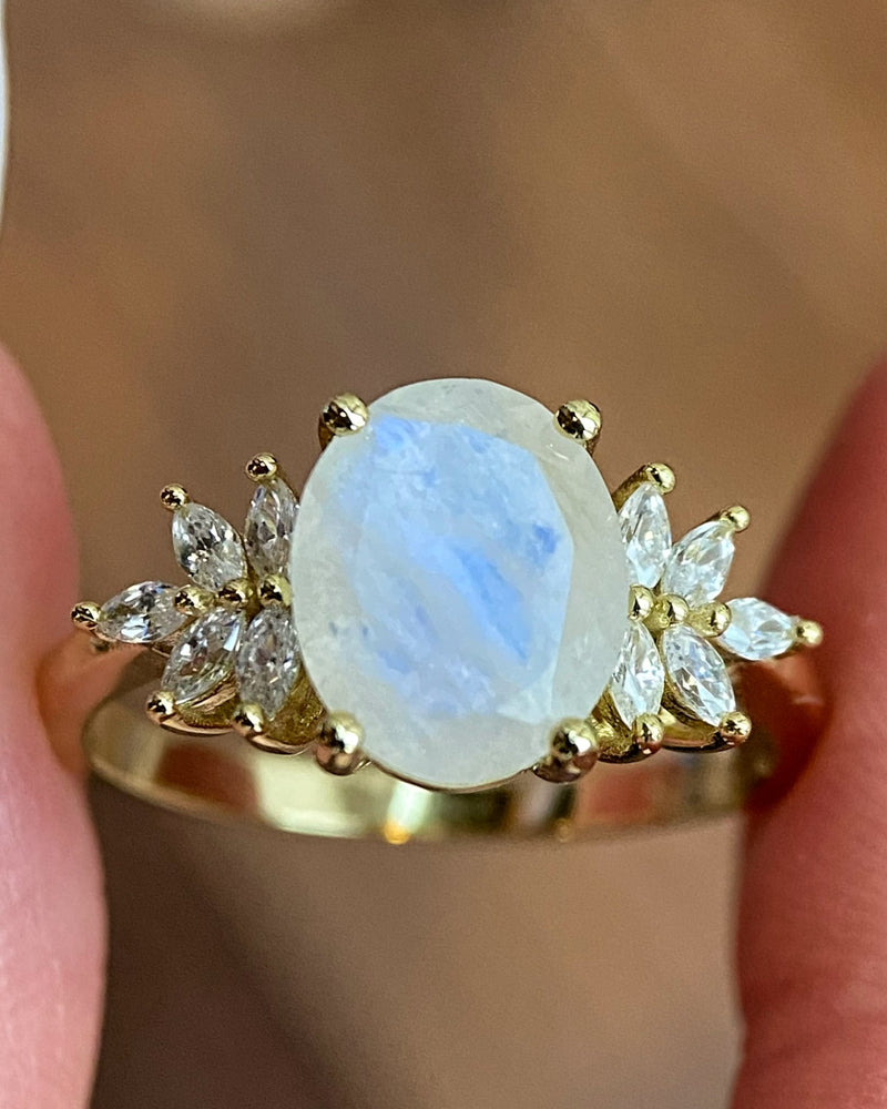 【CELESTE】Bague de fiançailles unique, faite main, en pierre de lune bleue naturelle de forme ovale, 3 carats