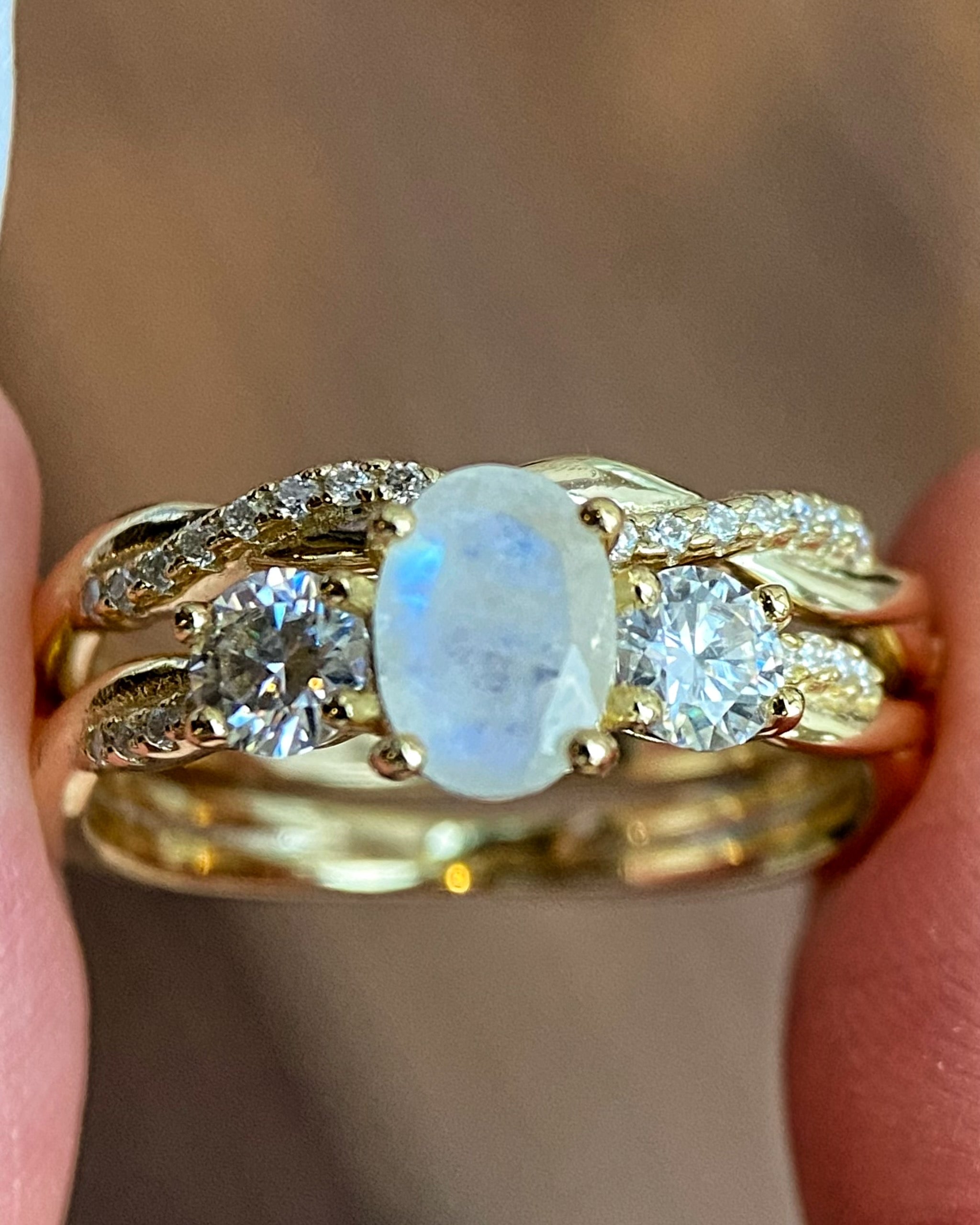 Infinity Lumina | Unique Handmade Natural Blue Moonstone Engagement Ring Set 2pcs 0.75ct Oval Cut