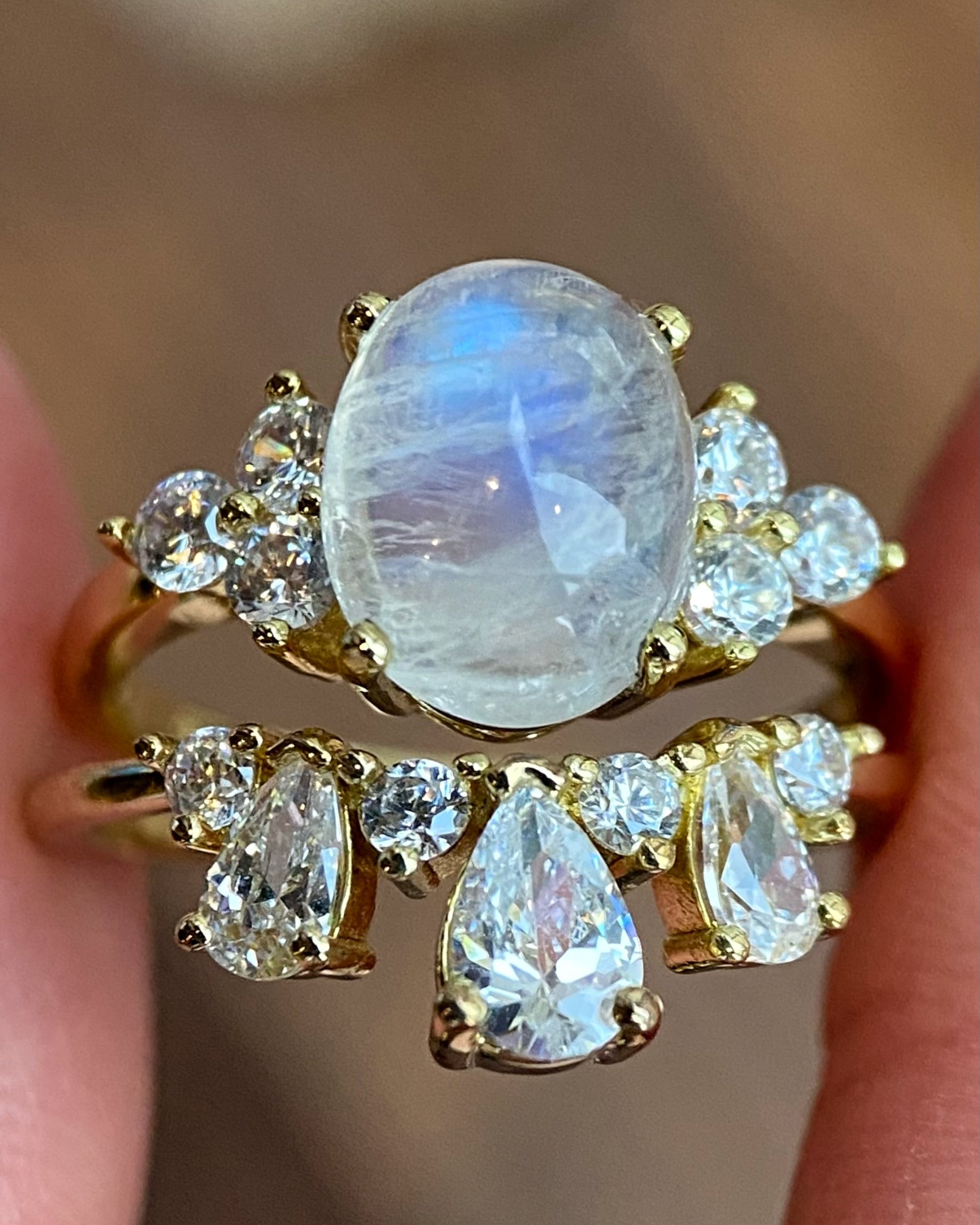 DIANA SET | Unique Handmade Natural Blue Moonstone Engagement Ring Set 2pcs 3ct Oval Cut