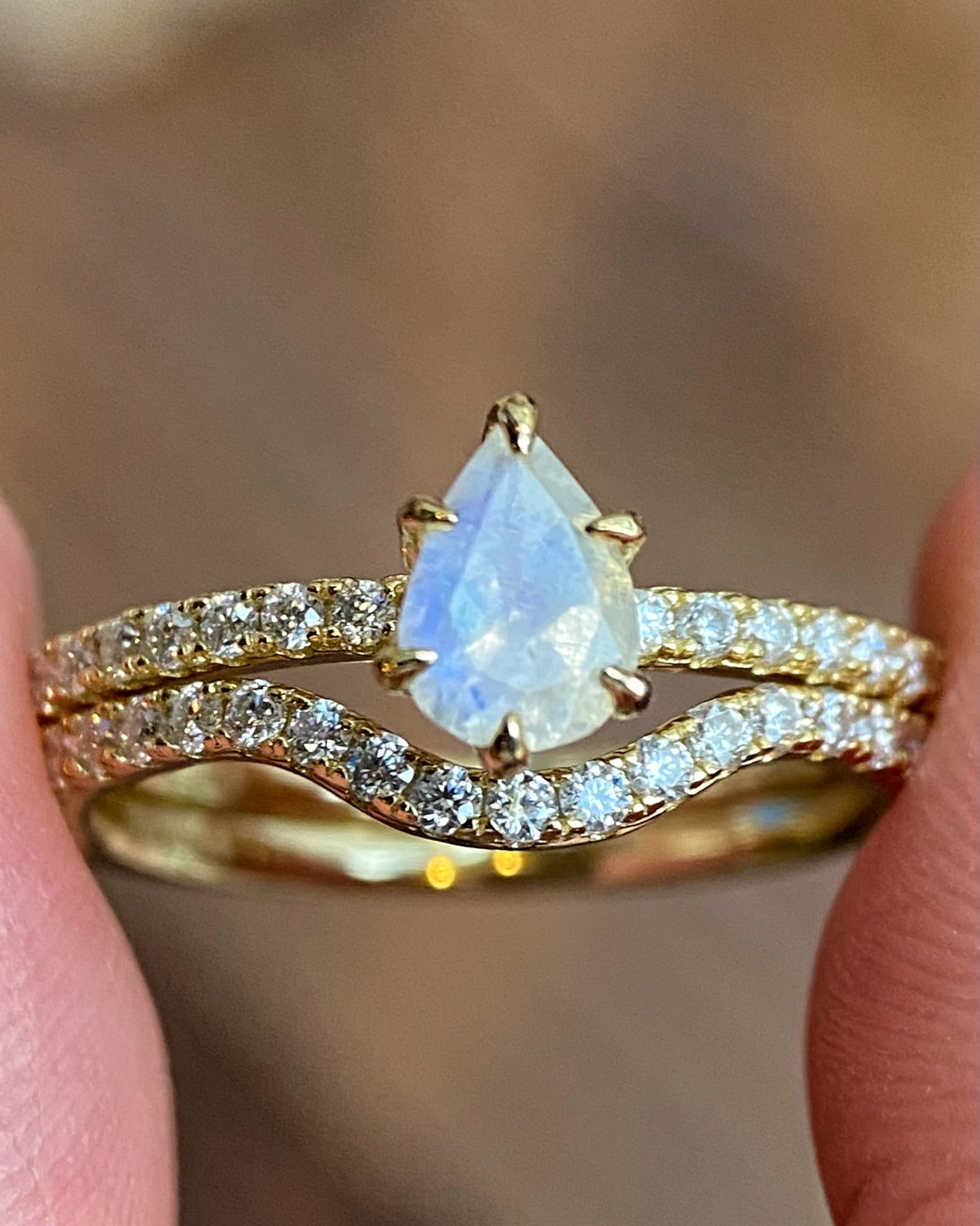 Serenade Solitaire | Unique Handmade Natural Blue Moonstone Engagement Ring Set 2pcs 0.7ct Pear Shape