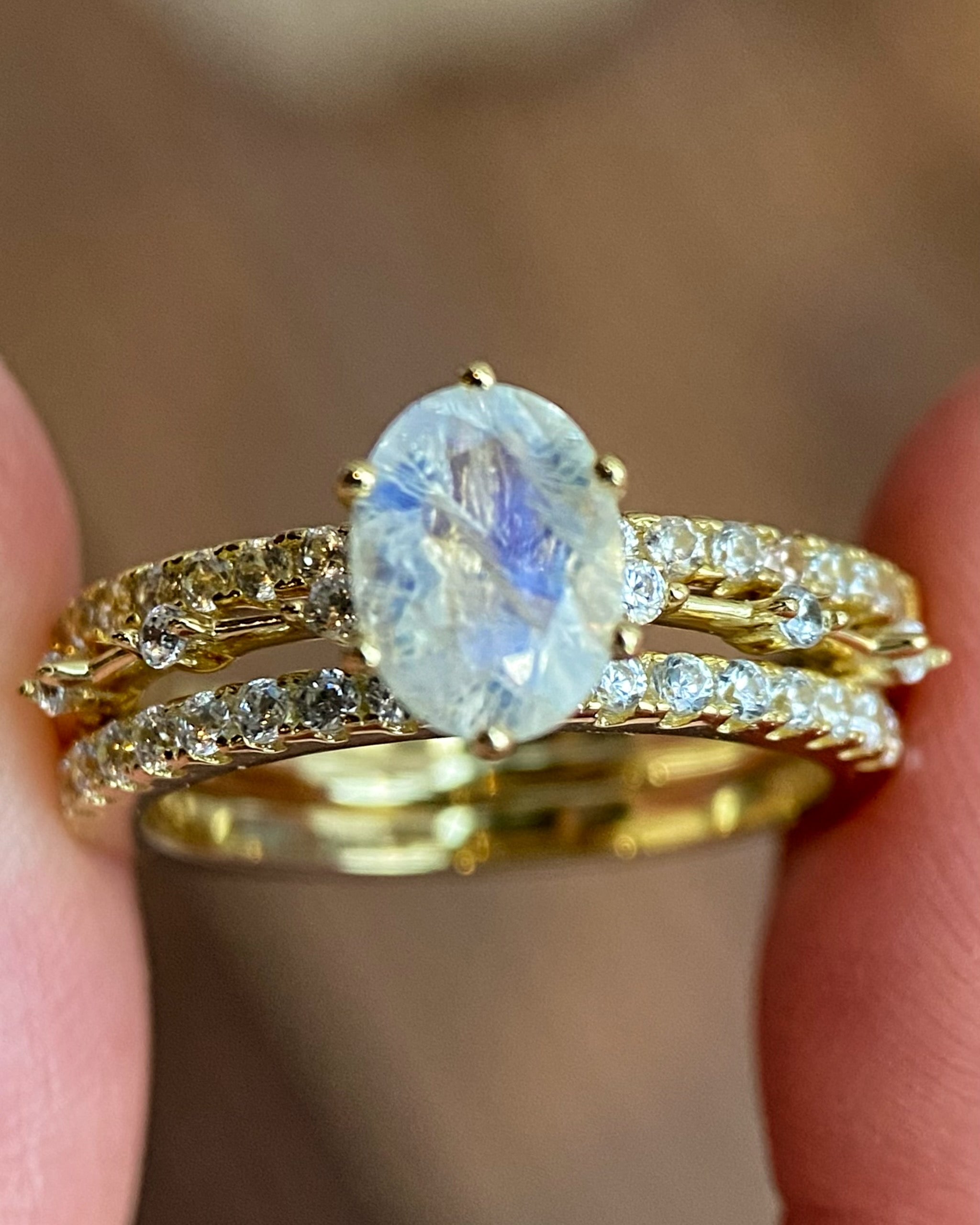 Eternal Phases Set | Unique Handmade Natural Blue Moonstone Engagement Ring Set 3pcs 1.5ct Oval Cut