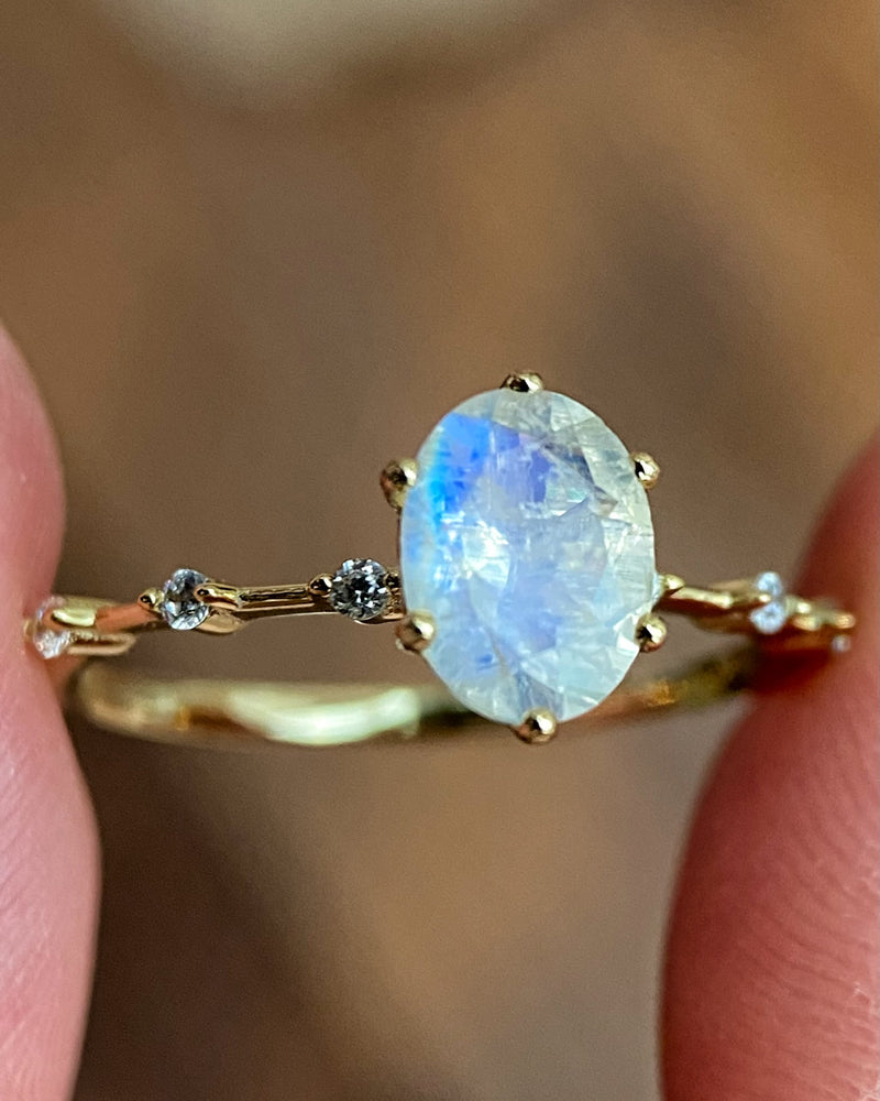 Eternal Phases | Unique Handmade Natural Blue Moonstone Engagement Ring 1.5ct Oval Cut