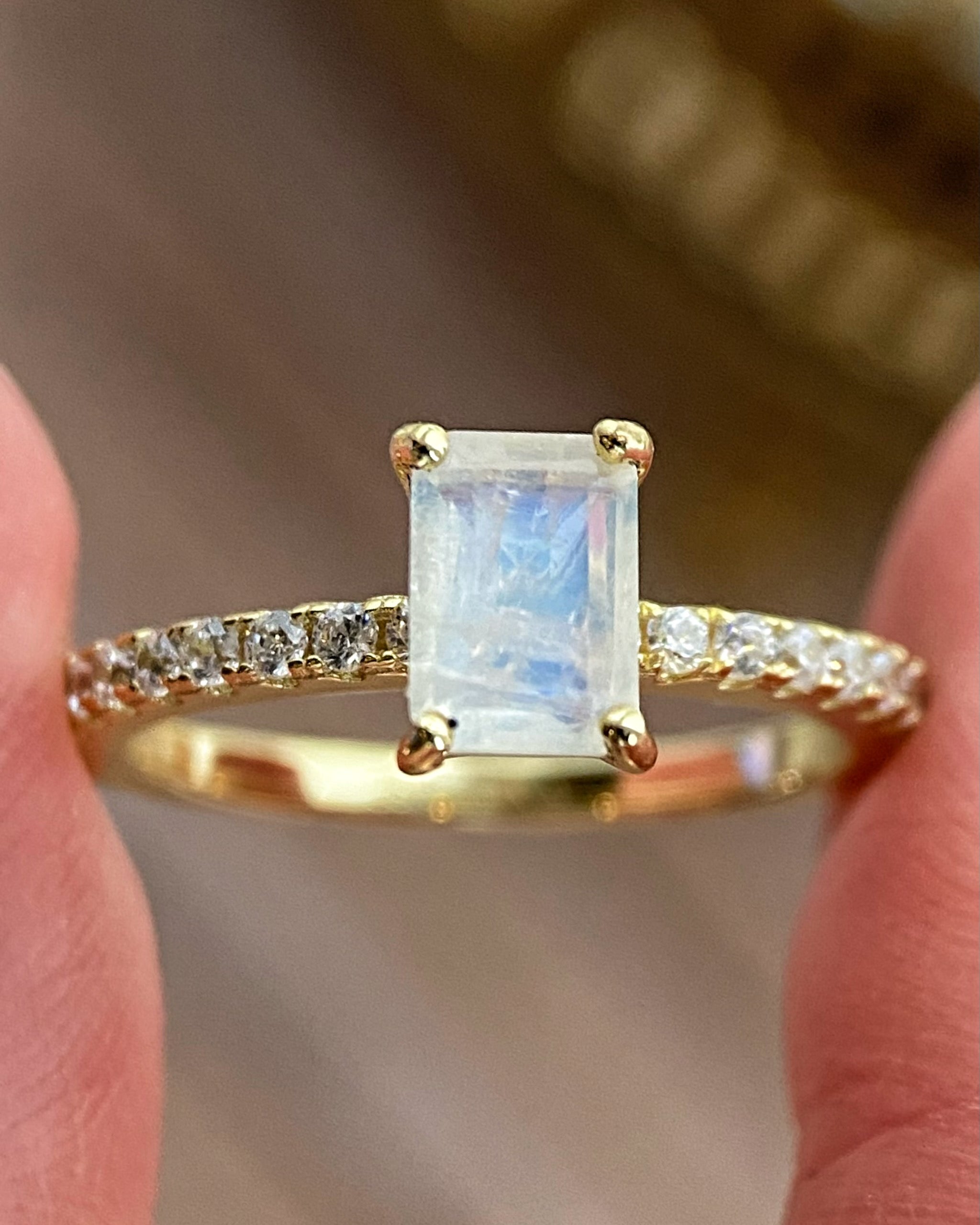 Iris | Unique Handmade Natural Blue Moonstone Engagement Ring 1ct Emerald Cut