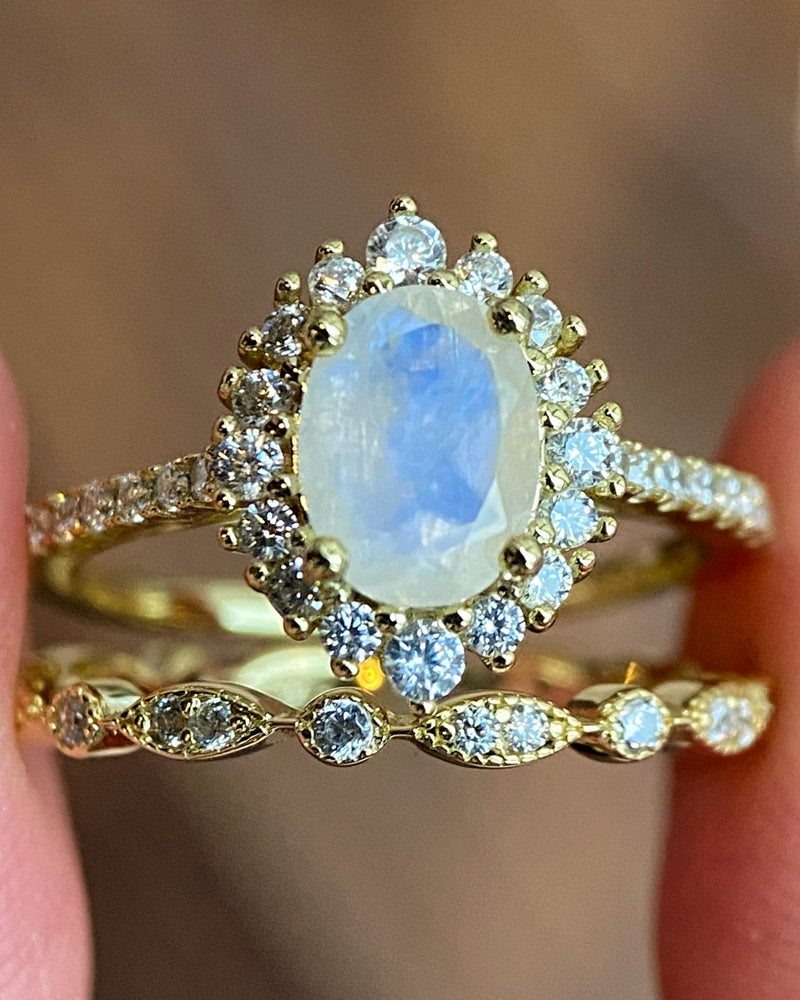 Celestia Set | Unique Handmade Natural Blue Moonstone Engagement Ring Set 2pcs 1.5ct Oval Cut