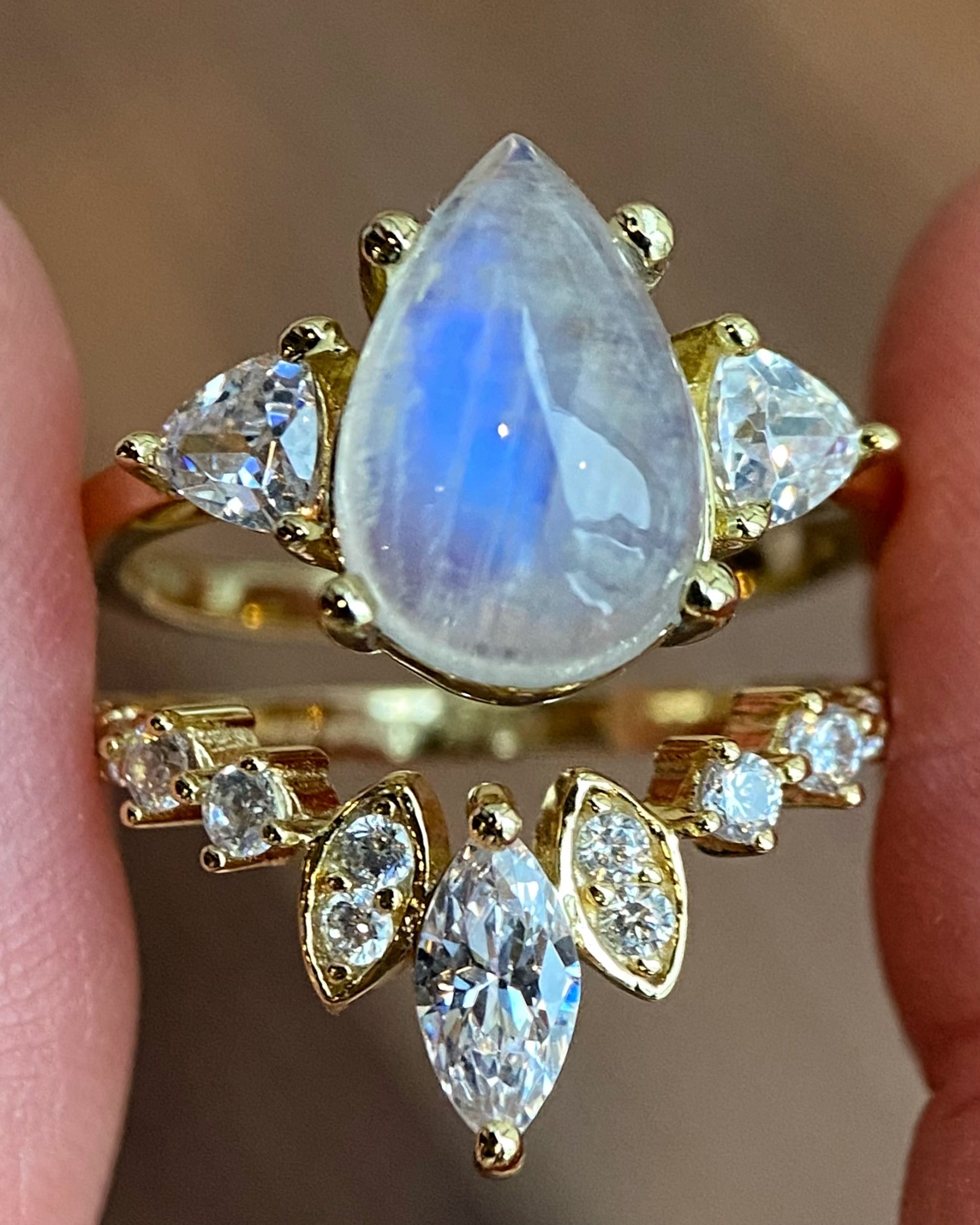 SERAPHINA SET | Unique Handmade Natural Blue Moonstone Engagement Set 2pcs Pear Cut 3ct