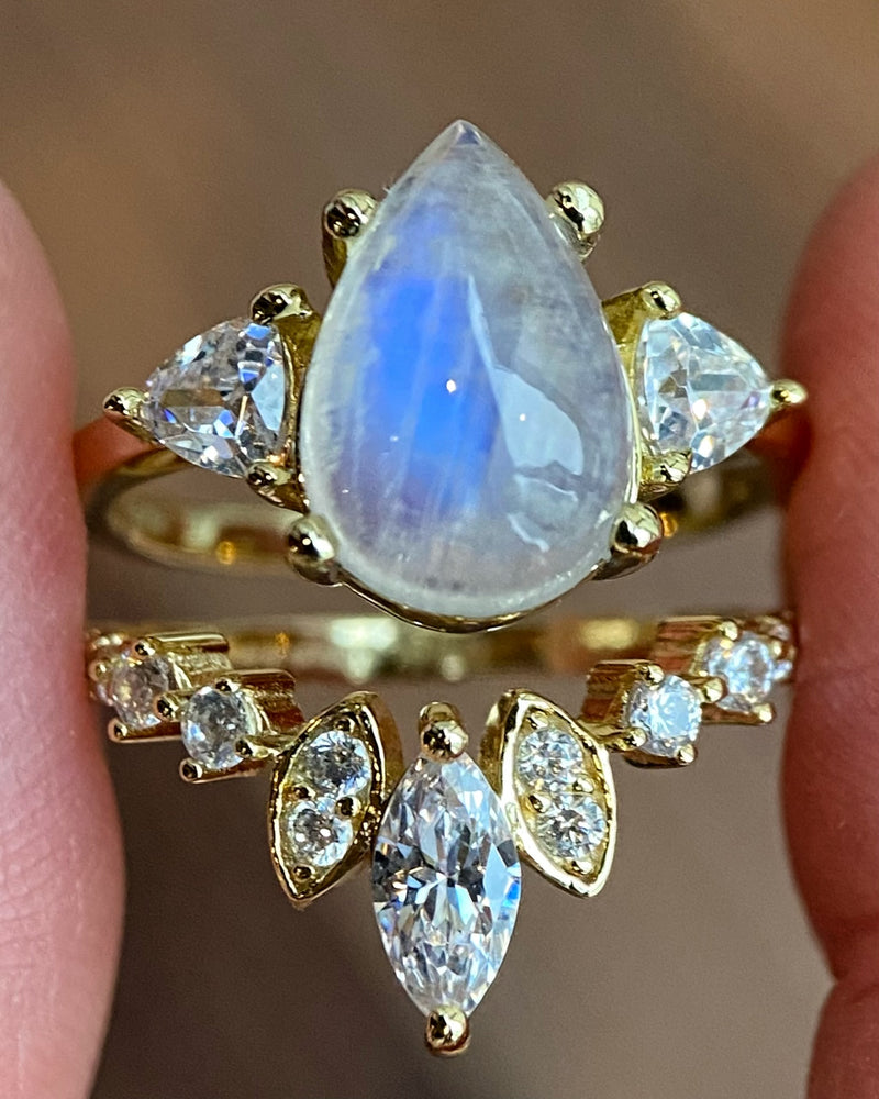 SERAPHINA SET | Unique Handmade Natural Blue Moonstone Engagement Set 2pcs Pear Cut 3ct