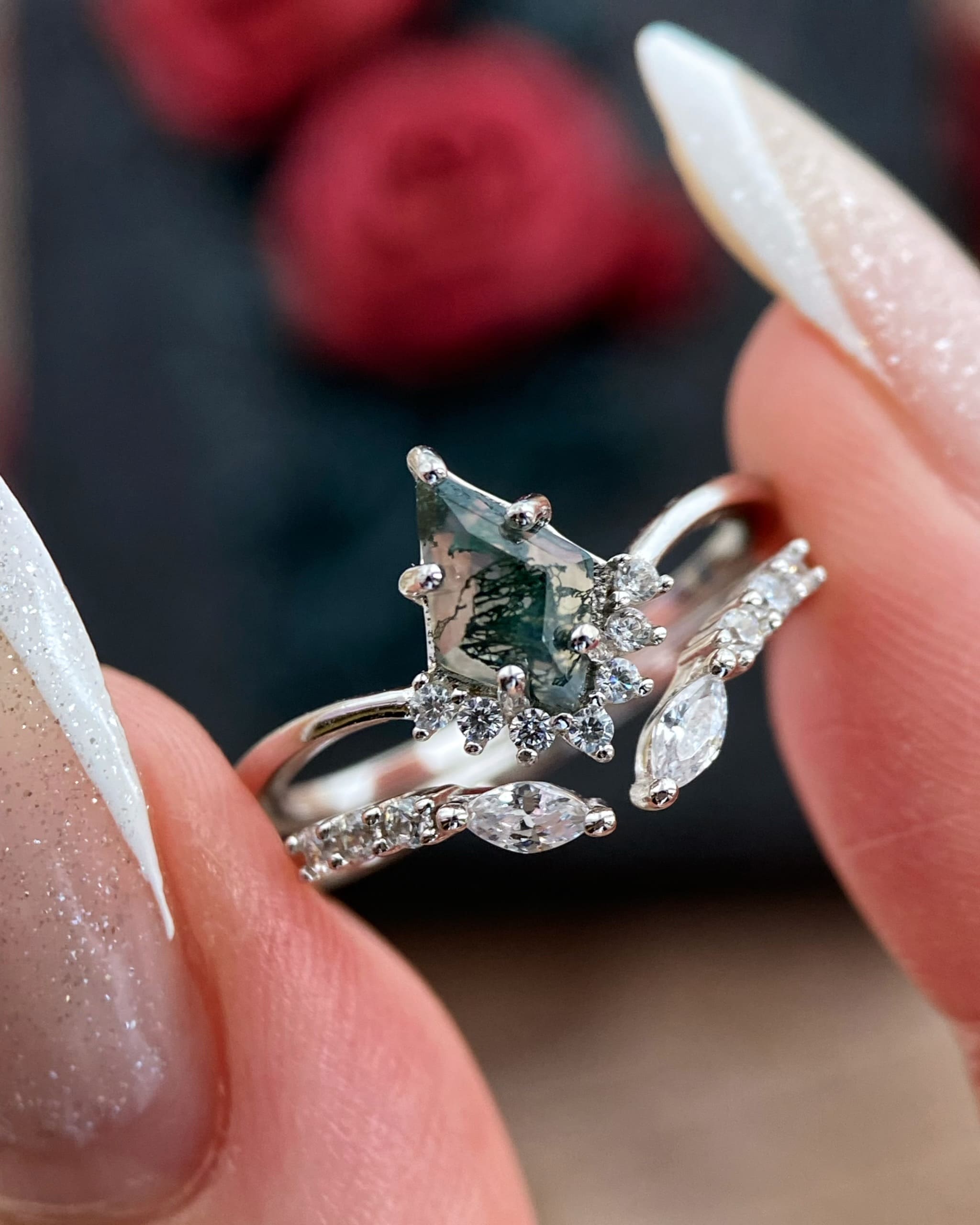 Briar | Vintage Kite Cut Moss Agate Alternative Engagement Ring Set
