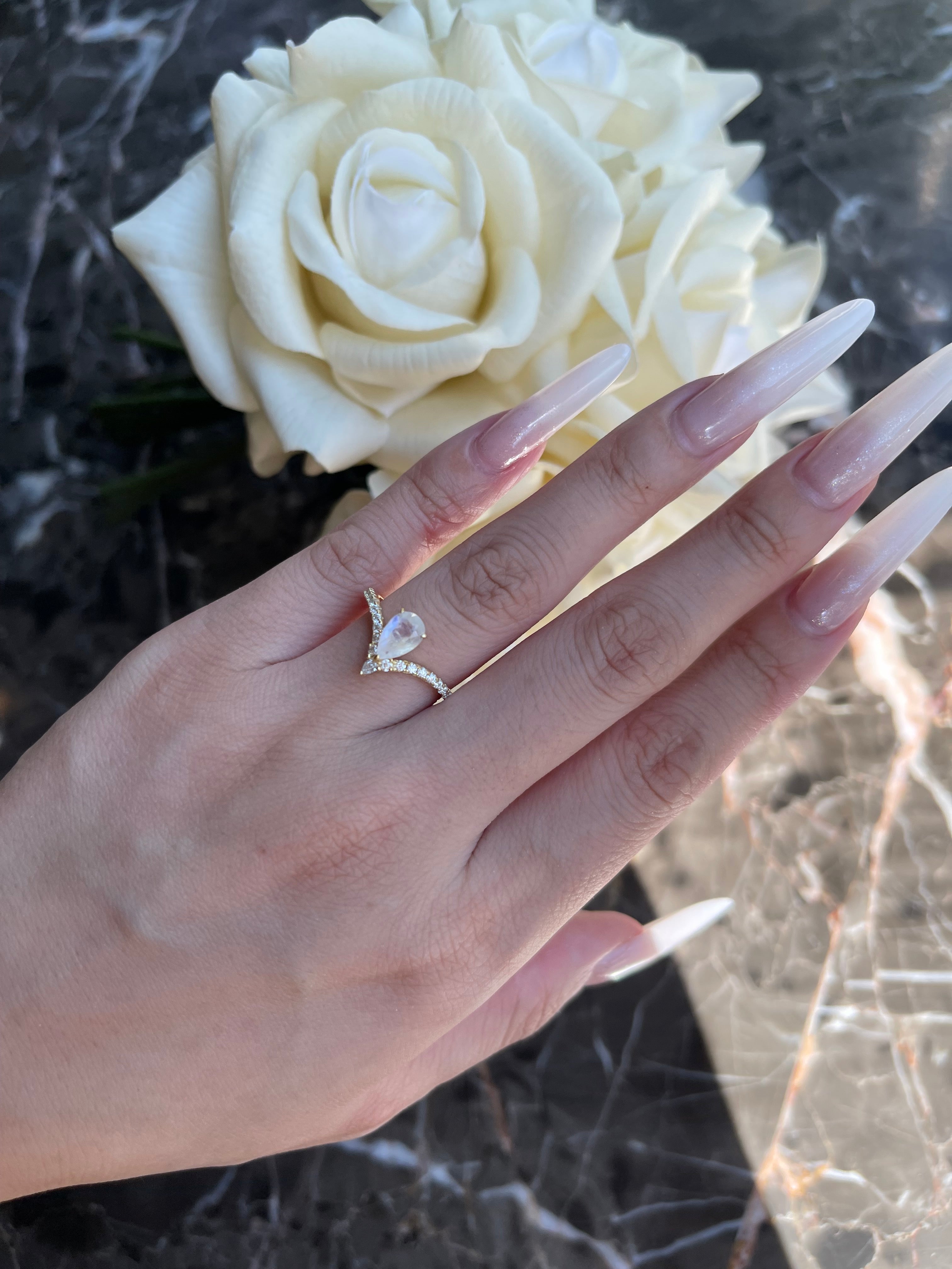 【Lumina Vow】Unique Handmade Natural Blue Moonstone Engagement Ring Set 2pcs 0.7ct Pear Shape