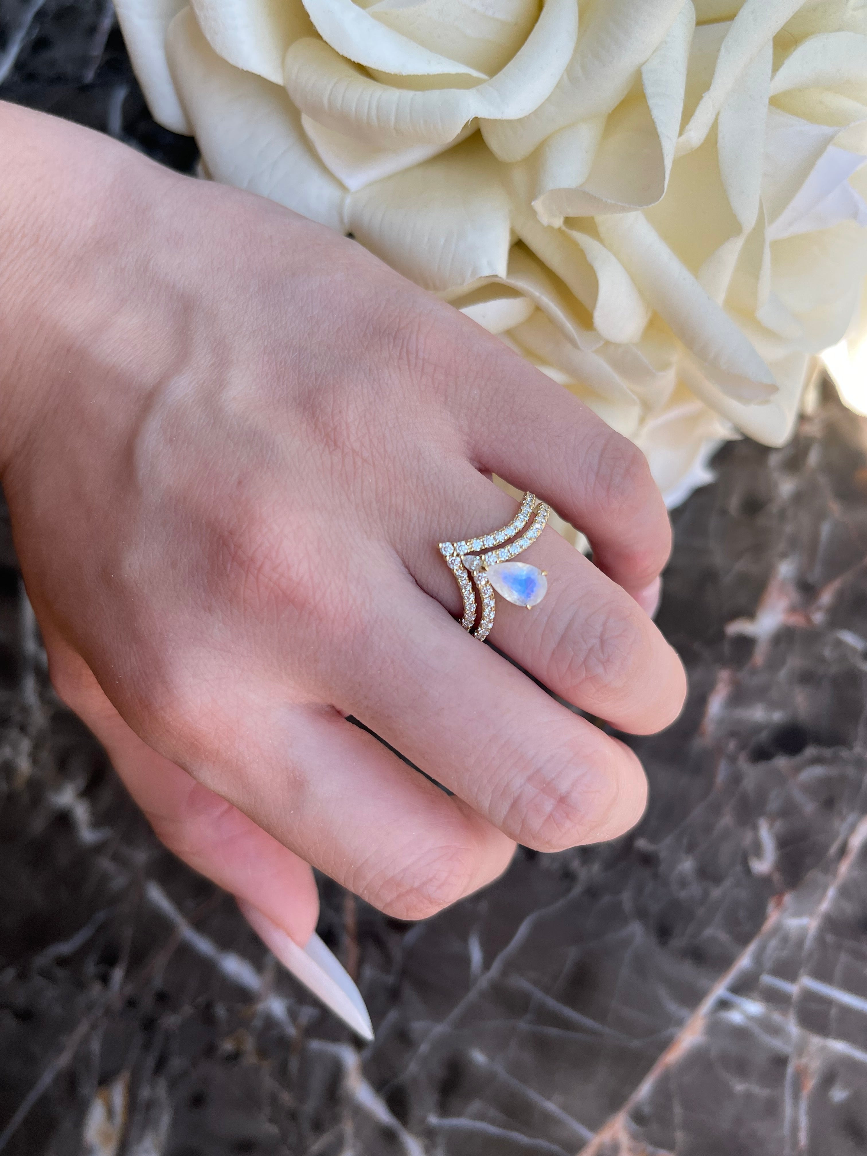 【Lumina Vow】Unique Handmade Natural Blue Moonstone Engagement Ring Set 2pcs 0.7ct Pear Shape