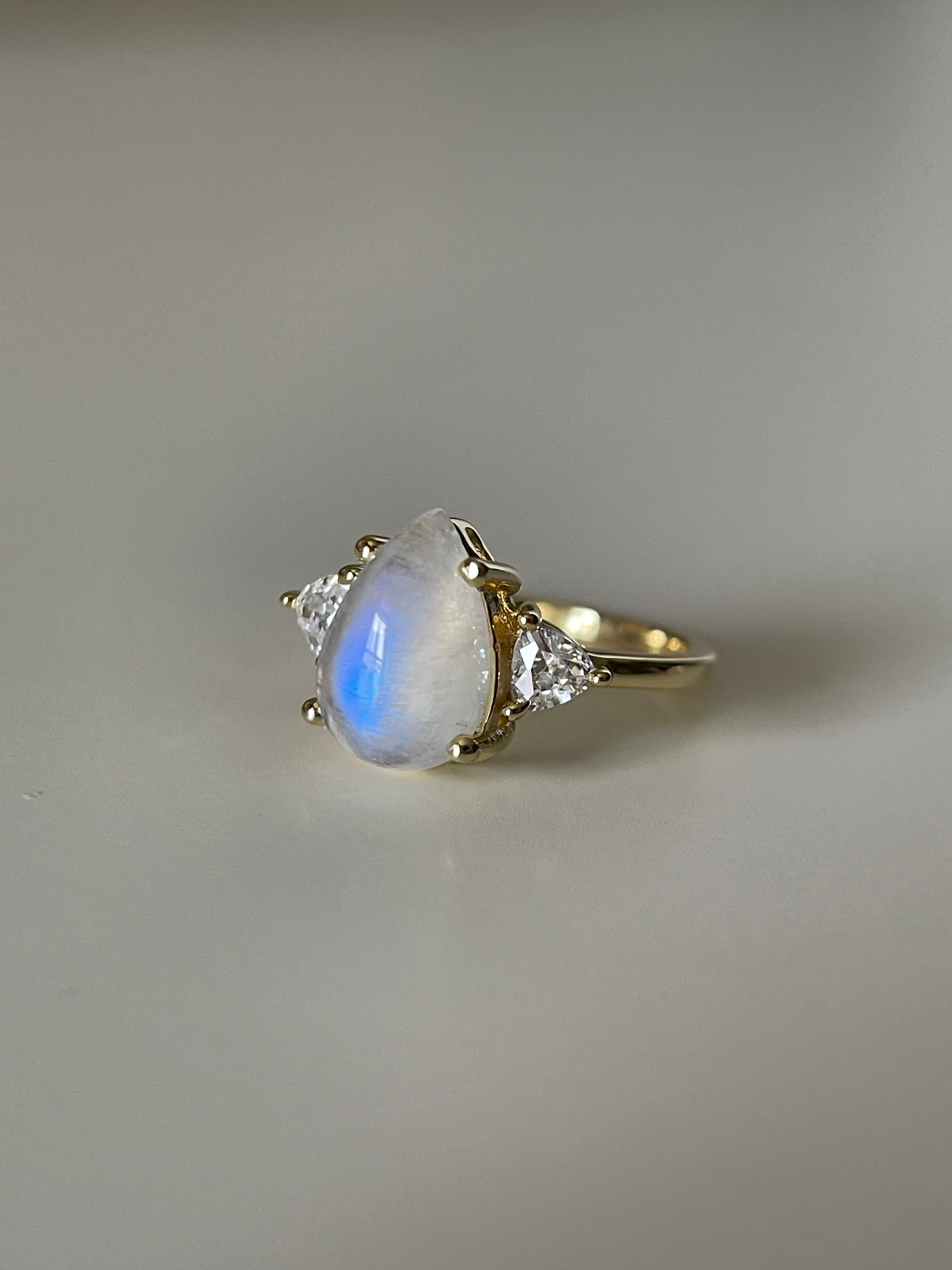 【SERAPHINA】Unique Handmade Natural Blue Moonstone Engagement Pear Shape 3ct