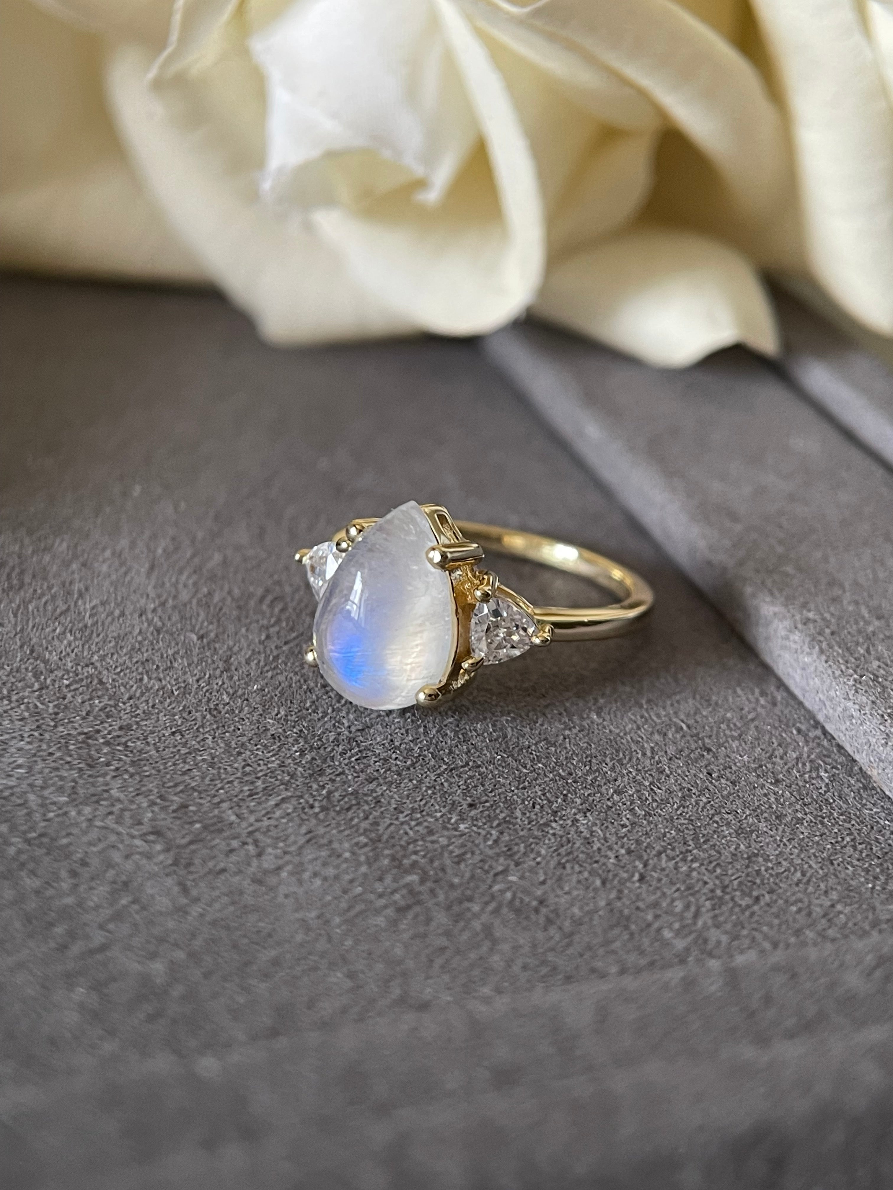 【SERAPHINA】Unique Handmade Natural Blue Moonstone Engagement Pear Shape 3ct