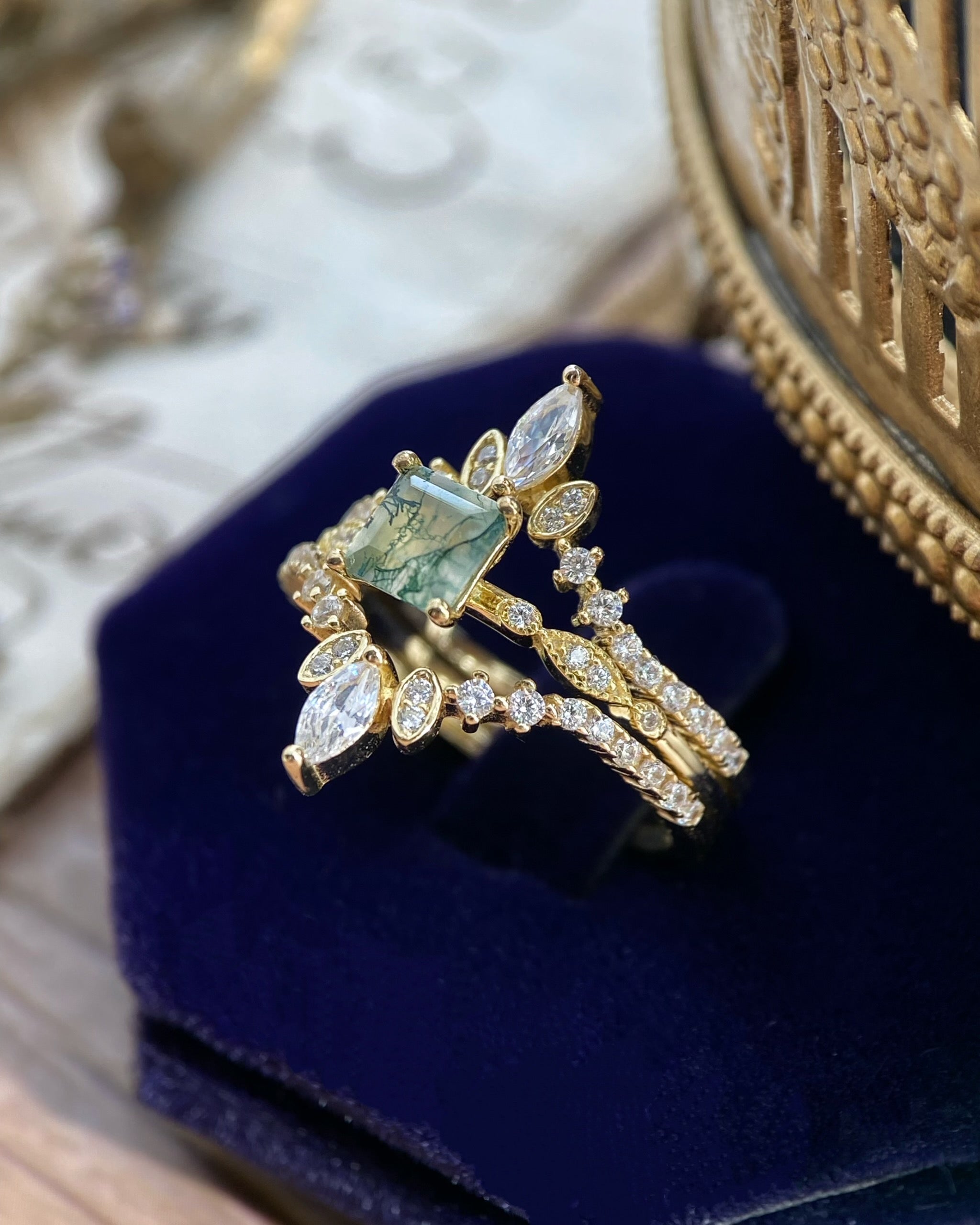 OPHELIA SET | Unique Handmade Natural Moss Agate Engagement Ring Set 3pcs 0.75ct Princess Cut