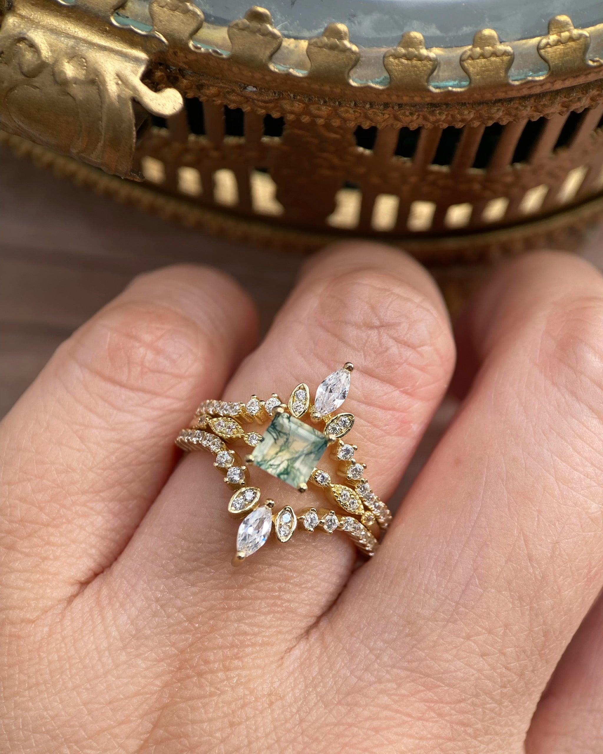 OPHELIA SET | Unique Handmade Natural Moss Agate Engagement Ring Set 3pcs 0.75ct Princess Cut