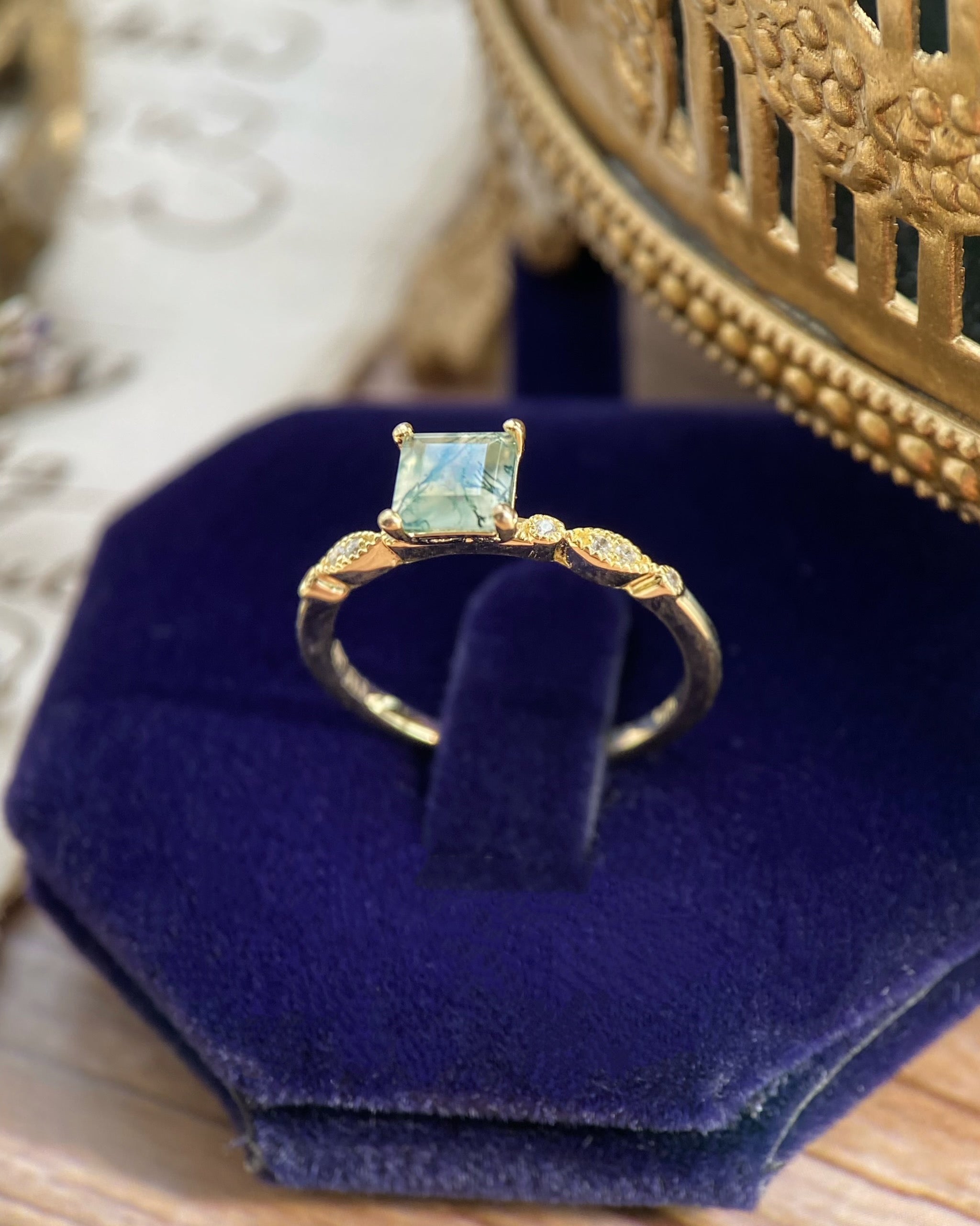 【OPHELIA】Bague de fiançailles unique, faite main, en agate mousse naturelle, 0,75 ct, taille princesse