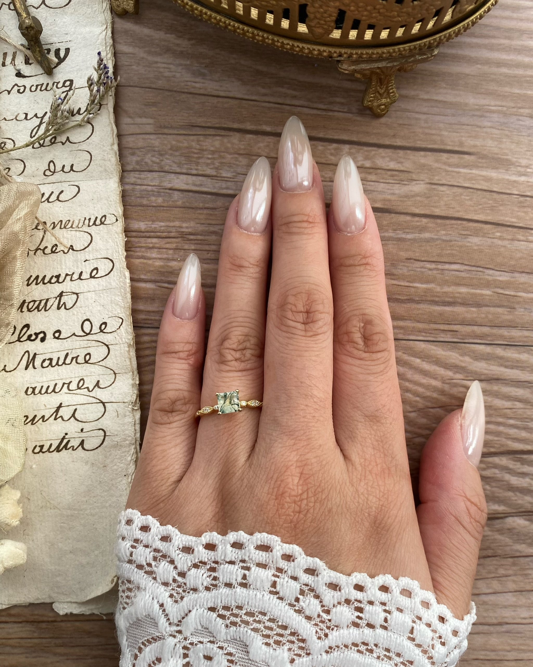 【OPHELIA】Bague de fiançailles unique, faite main, en agate mousse naturelle, 0,75 ct, taille princesse