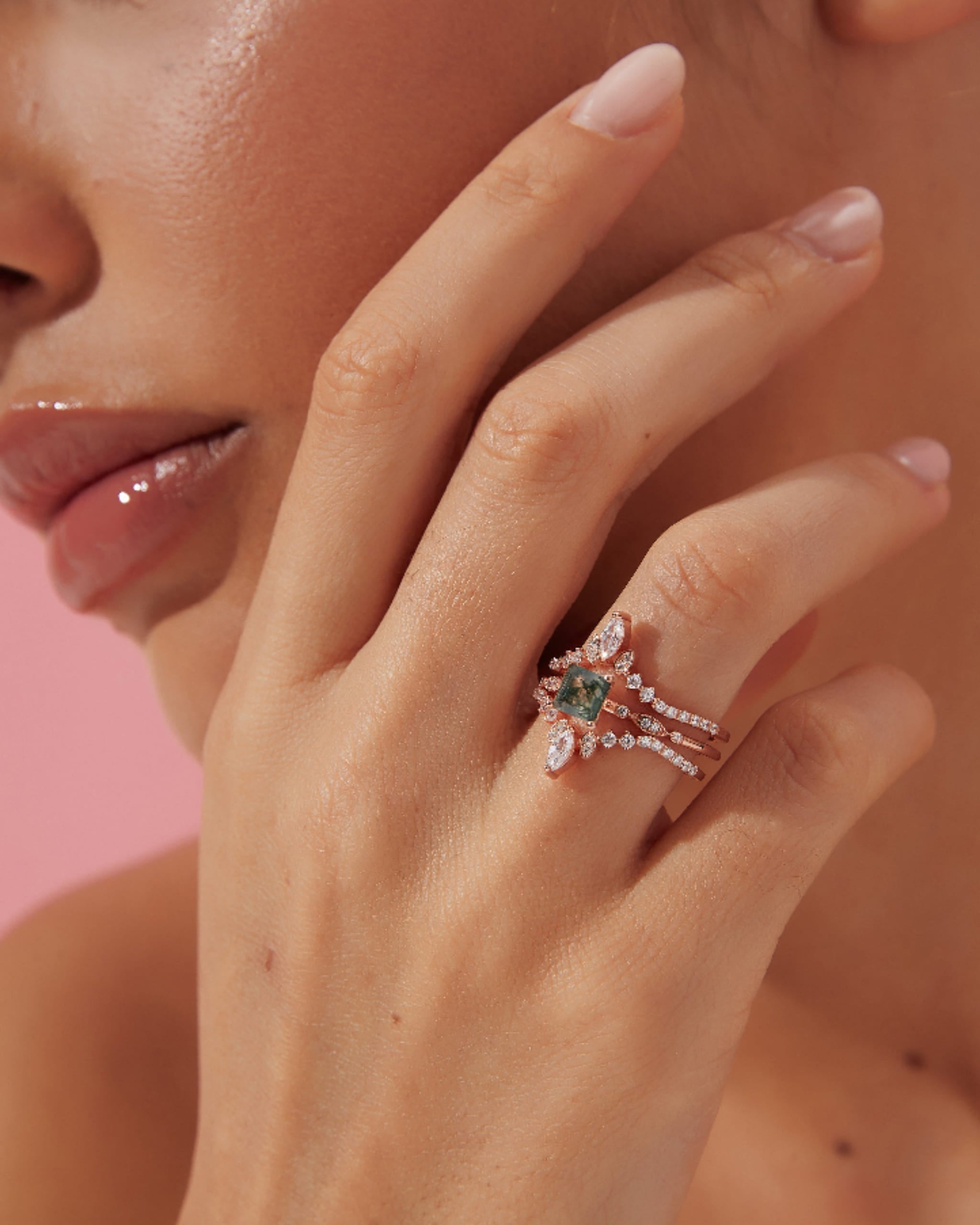 OPHELIA SET | Unique Handmade Natural Moss Agate Engagement Ring Set 3pcs 0.75ct Princess Cut