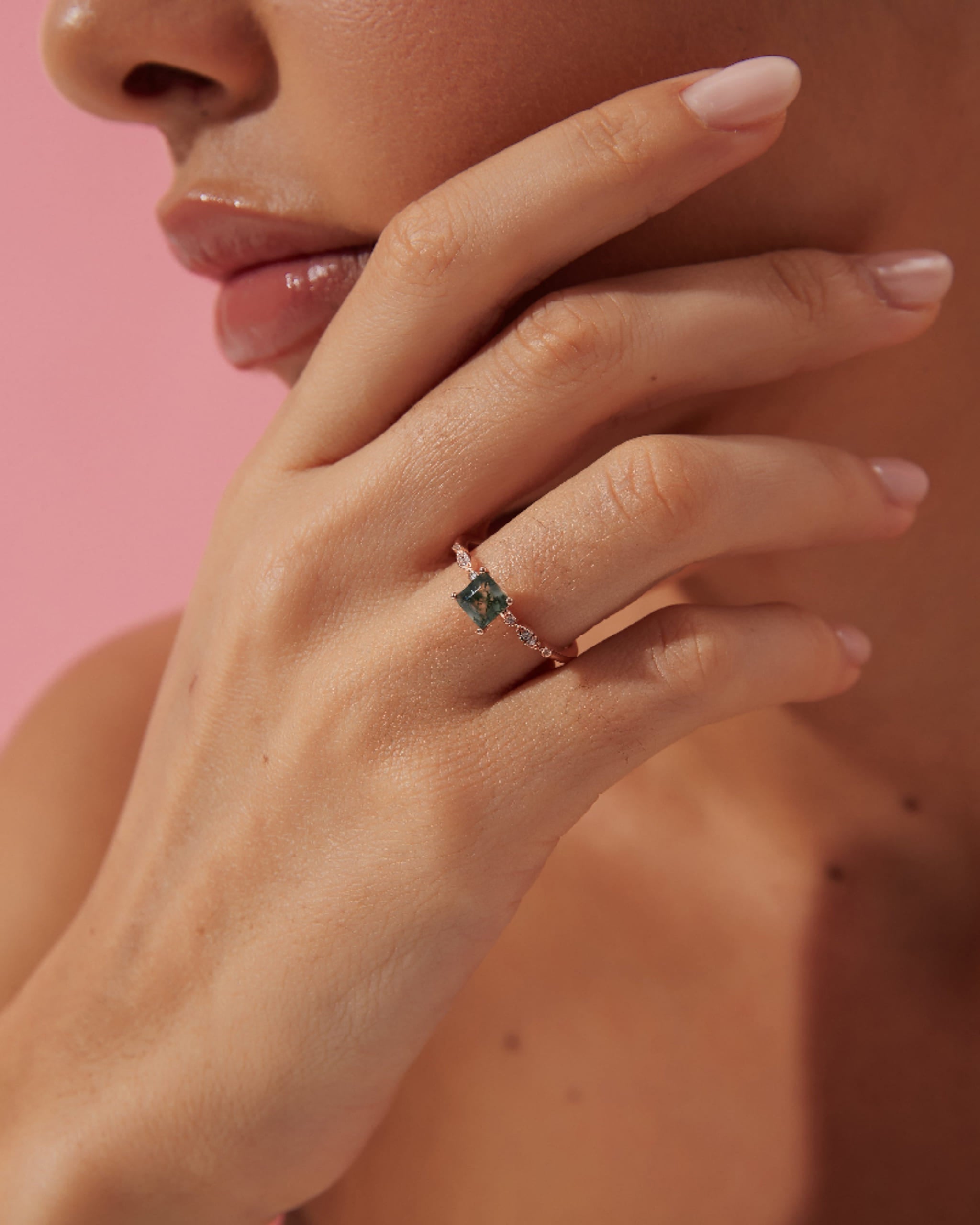 【OPHELIA】Bague de fiançailles unique, faite main, en agate mousse naturelle, 0,75 ct, taille princesse