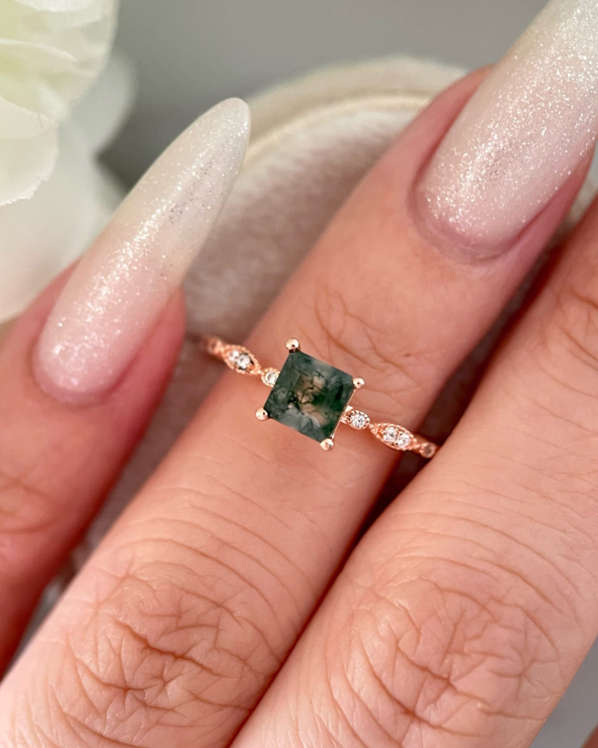 OPHELIA | Unique Handmade Natural Moss Agate Engagement Ring 0.75ct Princess Cut