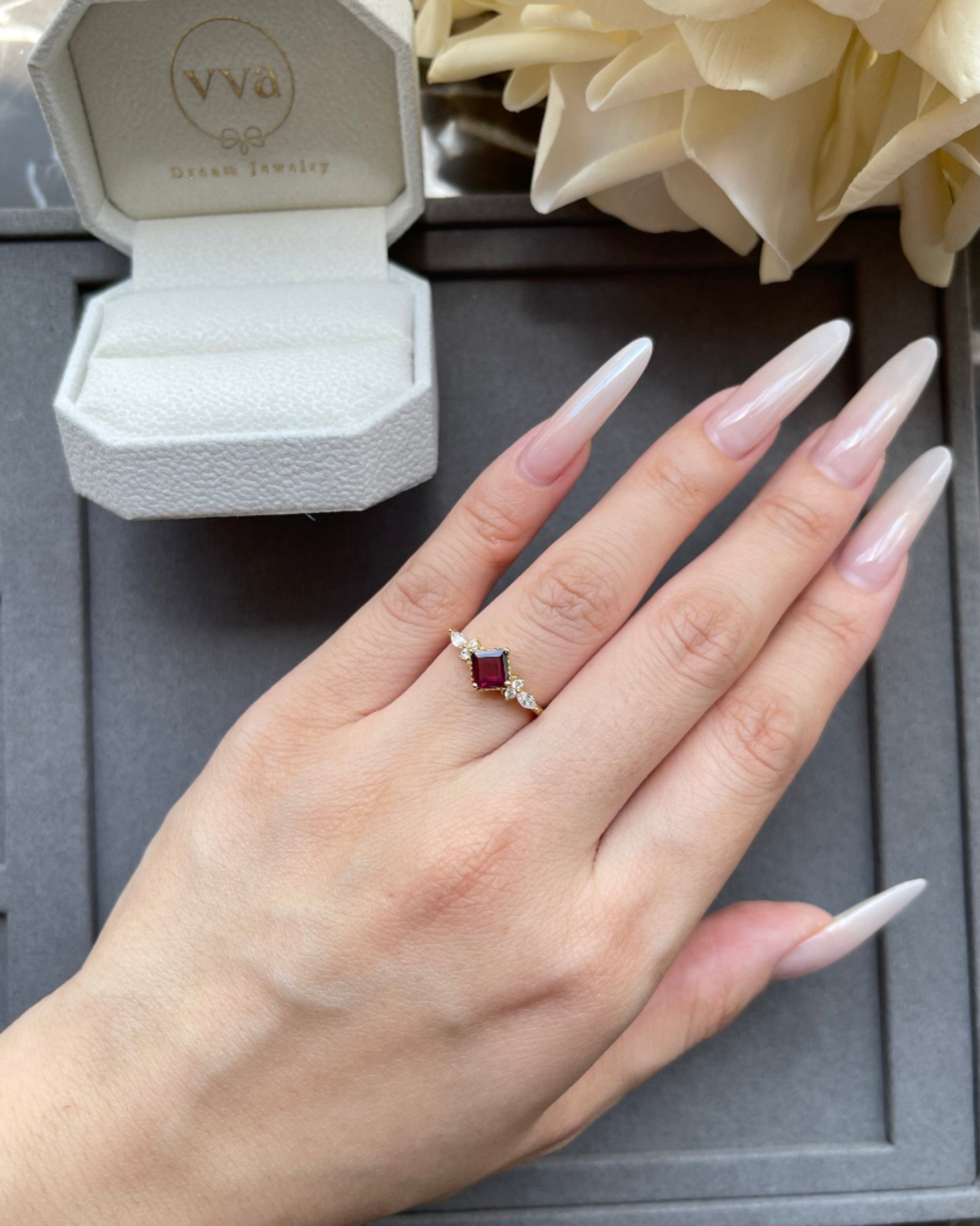 ANTONIA | Handmade Natural Rhodolite Garnet Engagement Ring 0.75ct Princess Cut