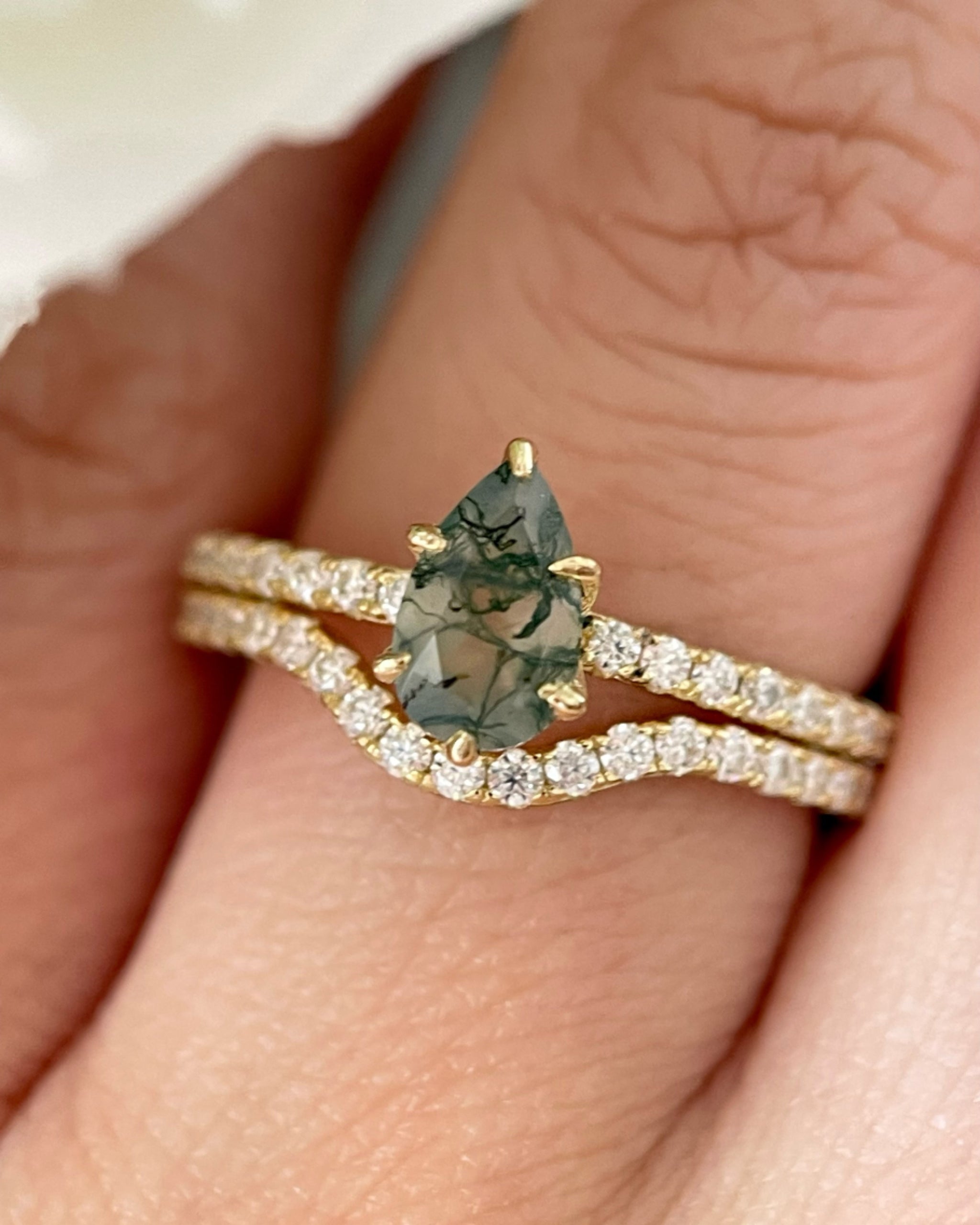 Sylvan Covenant | Unique Handmade Natural Moss Agate Engagement Ring Set 2pcs 0.7ct Pear Shape