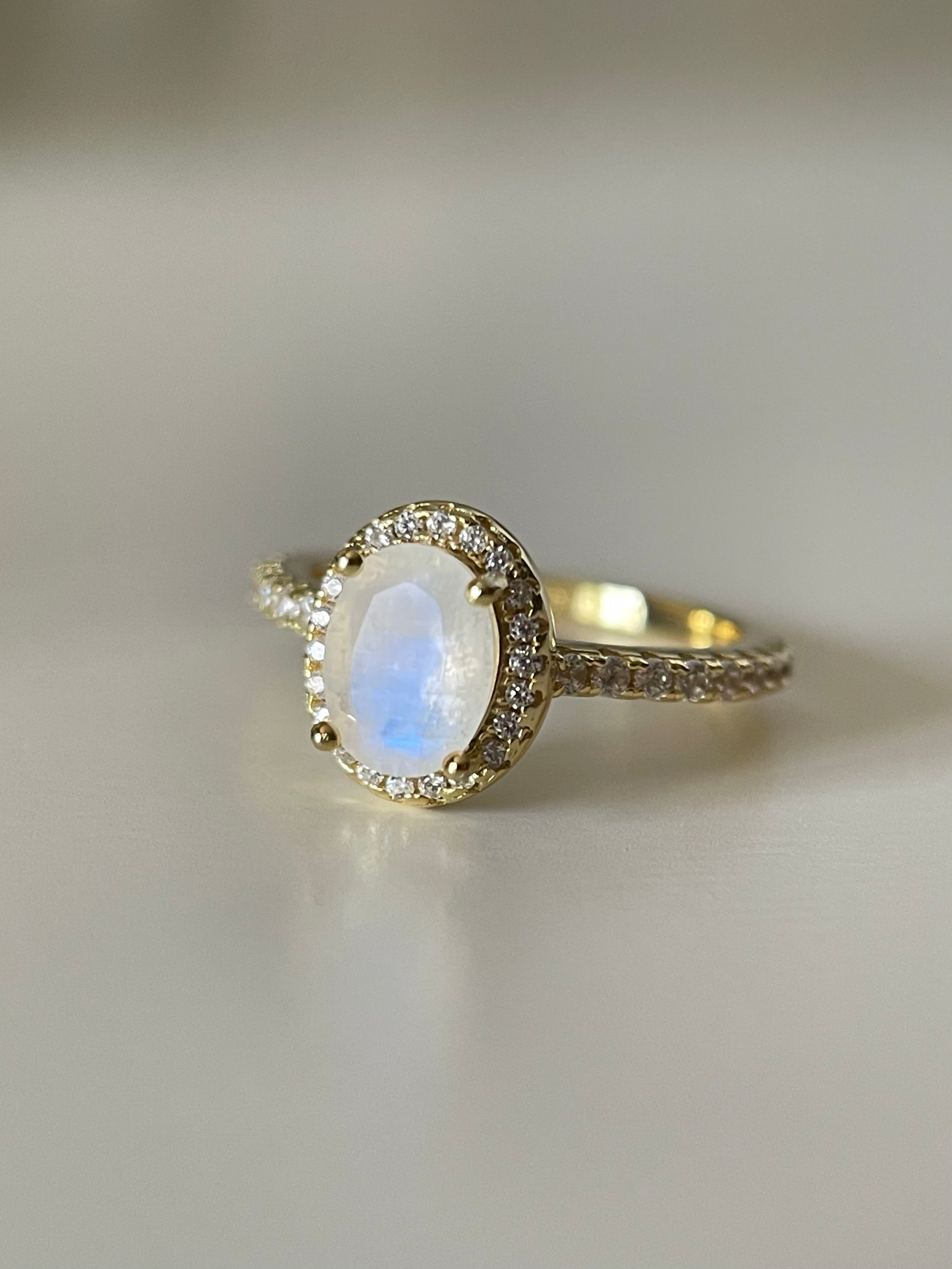 【Lunaria】Unique Handmade Natural Blue Moonstone Engagement Ring 1.5ct Oval Shape