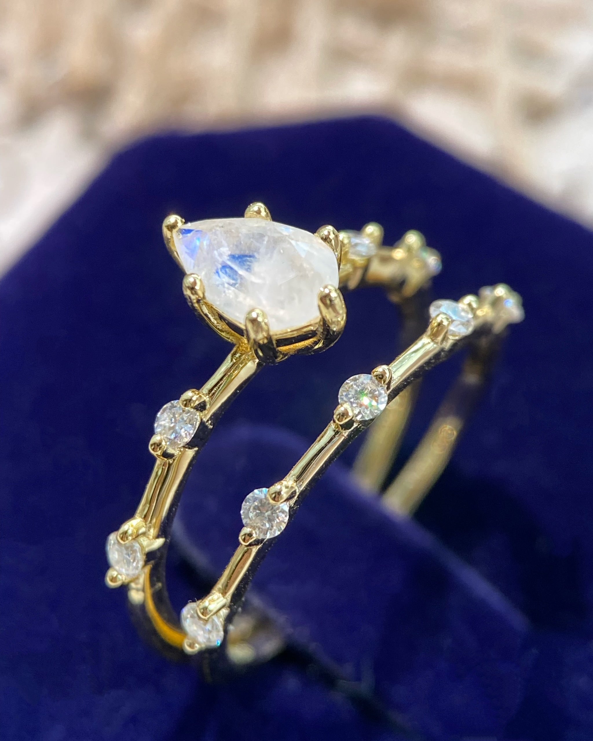 Soulmate Set | Unique Handmade Natural Blue Moonstone Engagement Ring Set 2pcs 0.75ct Pear Shape