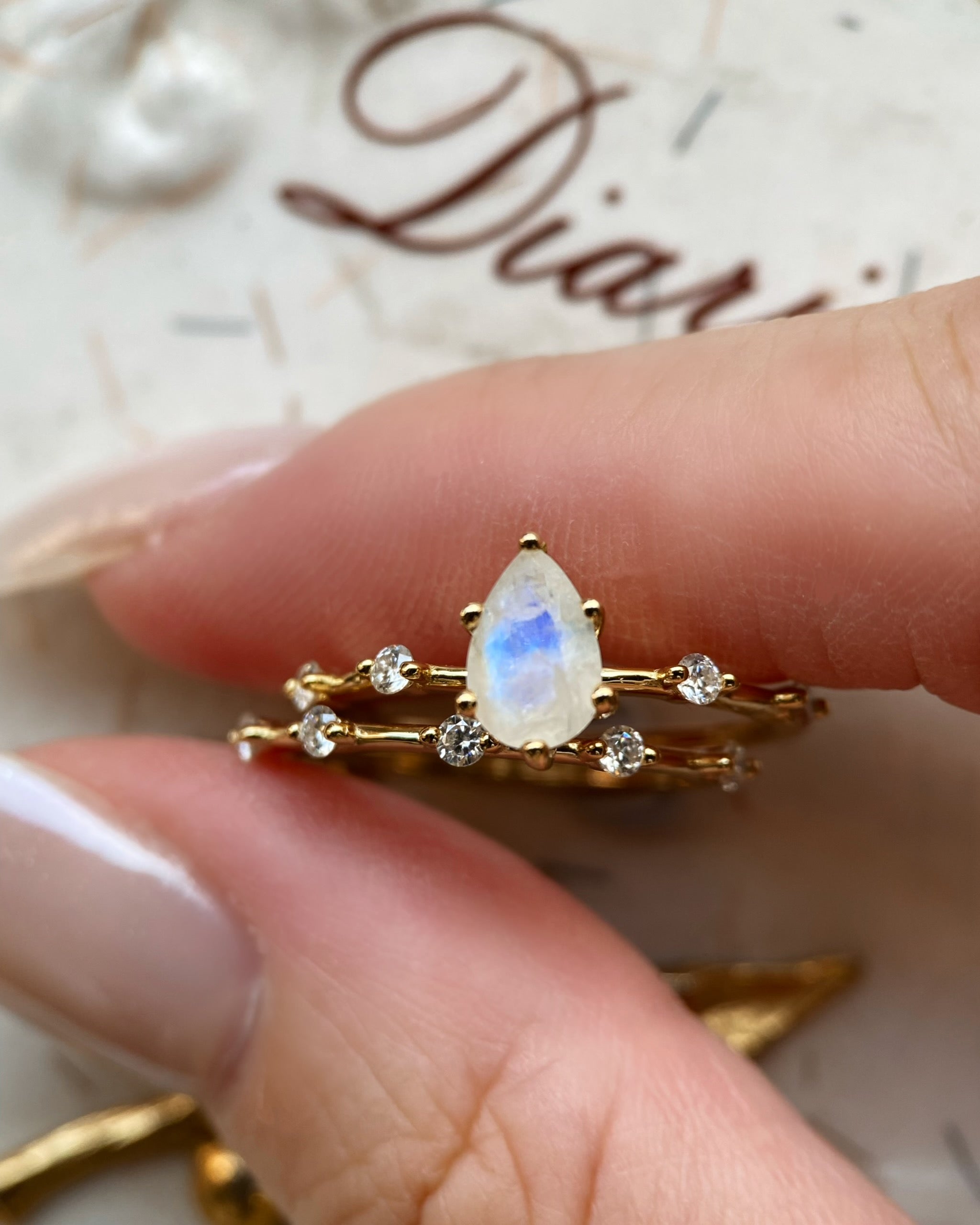 Soulmate Set | Unique Handmade Natural Blue Moonstone Engagement Ring Set 2pcs 0.75ct Pear Shape