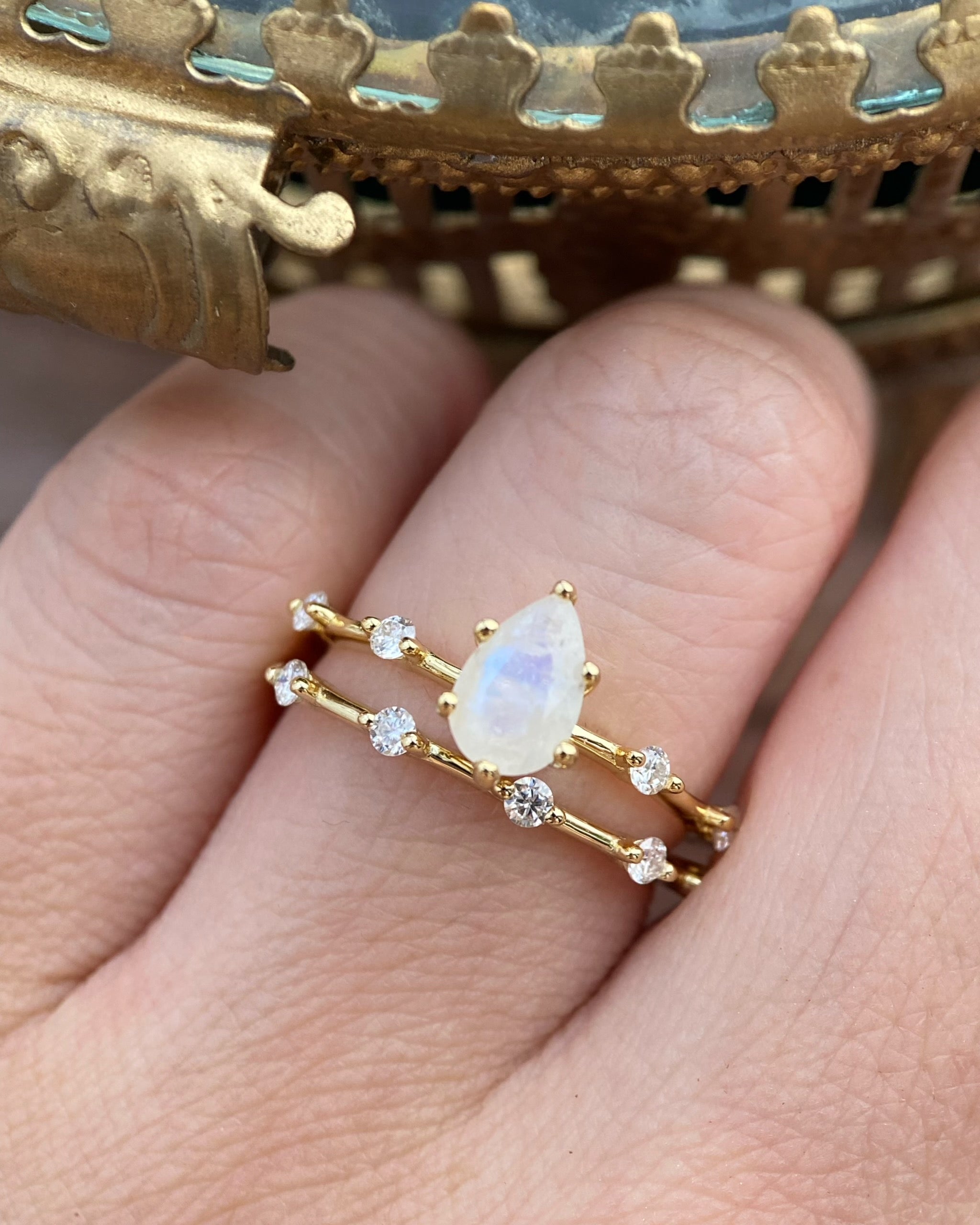 Soulmate Set | Unique Handmade Natural Blue Moonstone Engagement Ring Set 2pcs 0.75ct Pear Shape