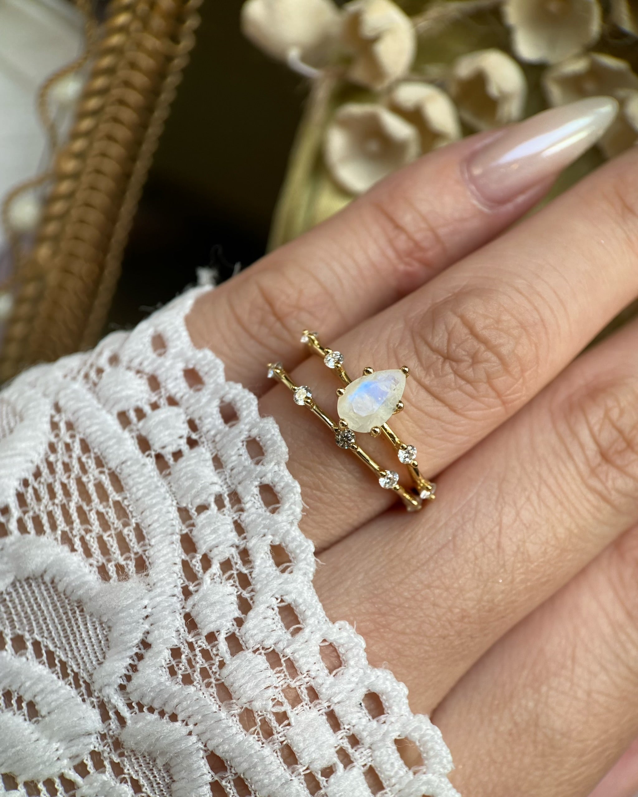 Soulmate Set | Unique Handmade Natural Blue Moonstone Engagement Ring Set 2pcs 0.75ct Pear Shape