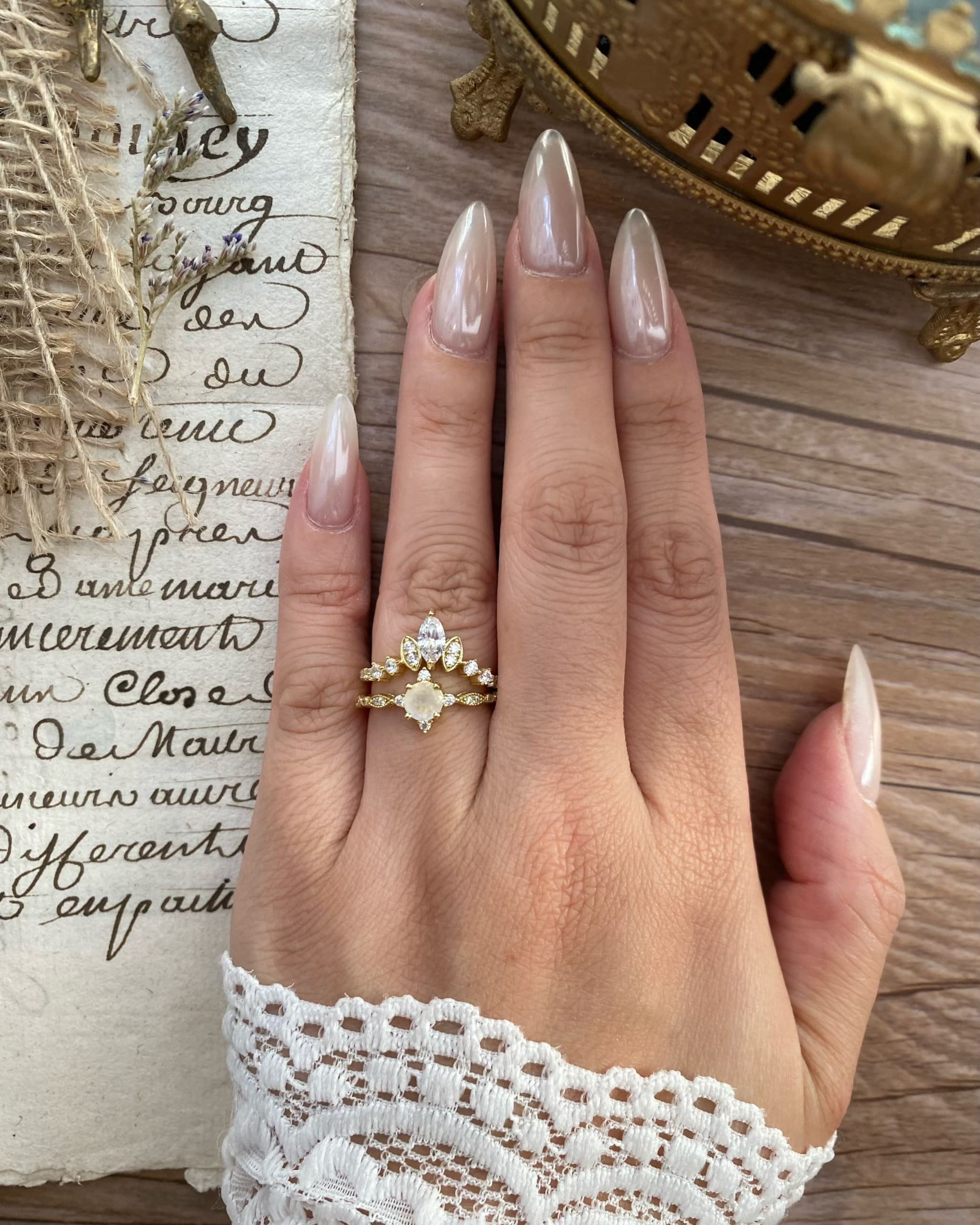 Lucentia Set | Handmade Natural Blue Moonstone Engagement Ring Set 2pcs Round Cut