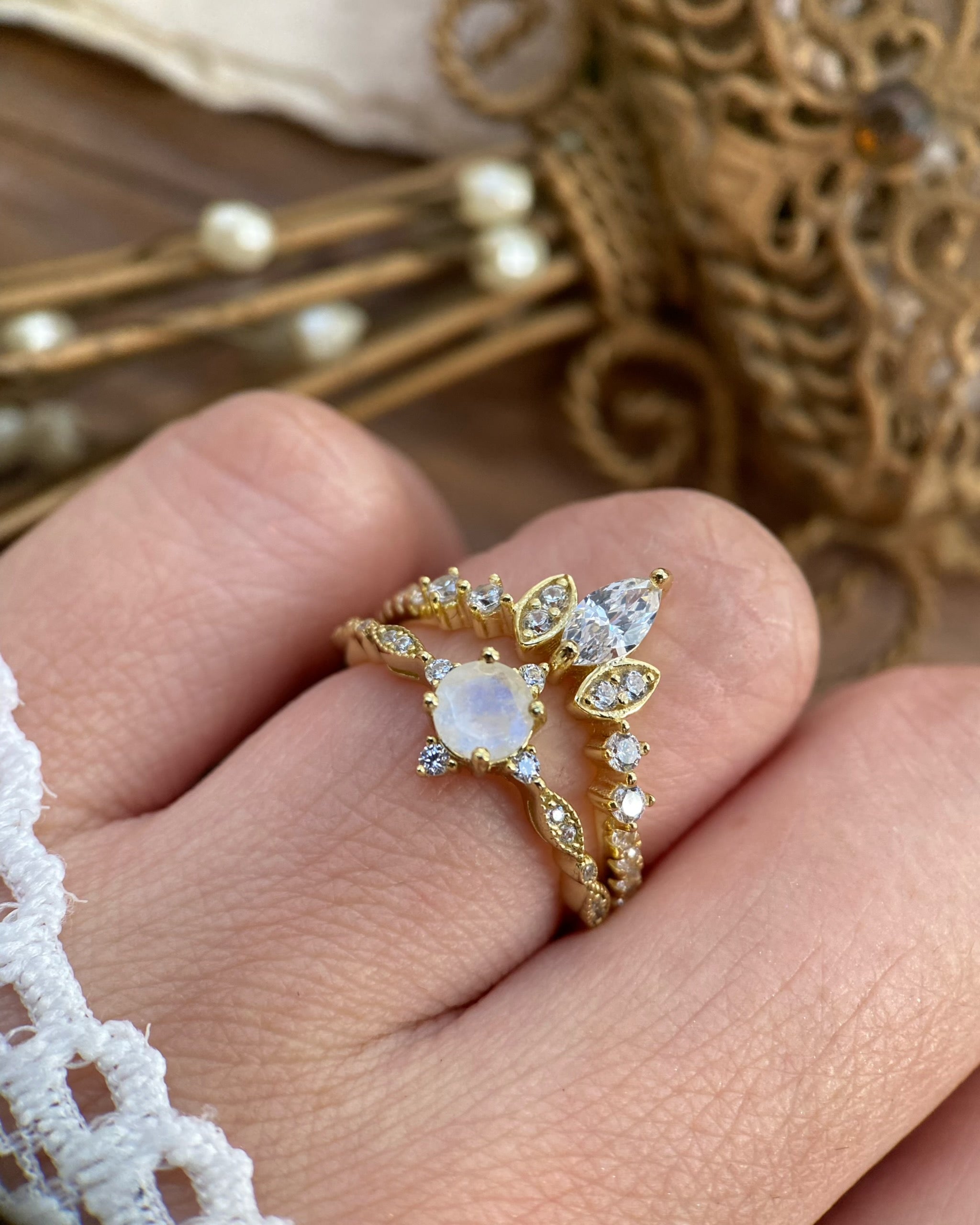 Lucentia Set | Handmade Natural Blue Moonstone Engagement Ring Set 2pcs Round Cut