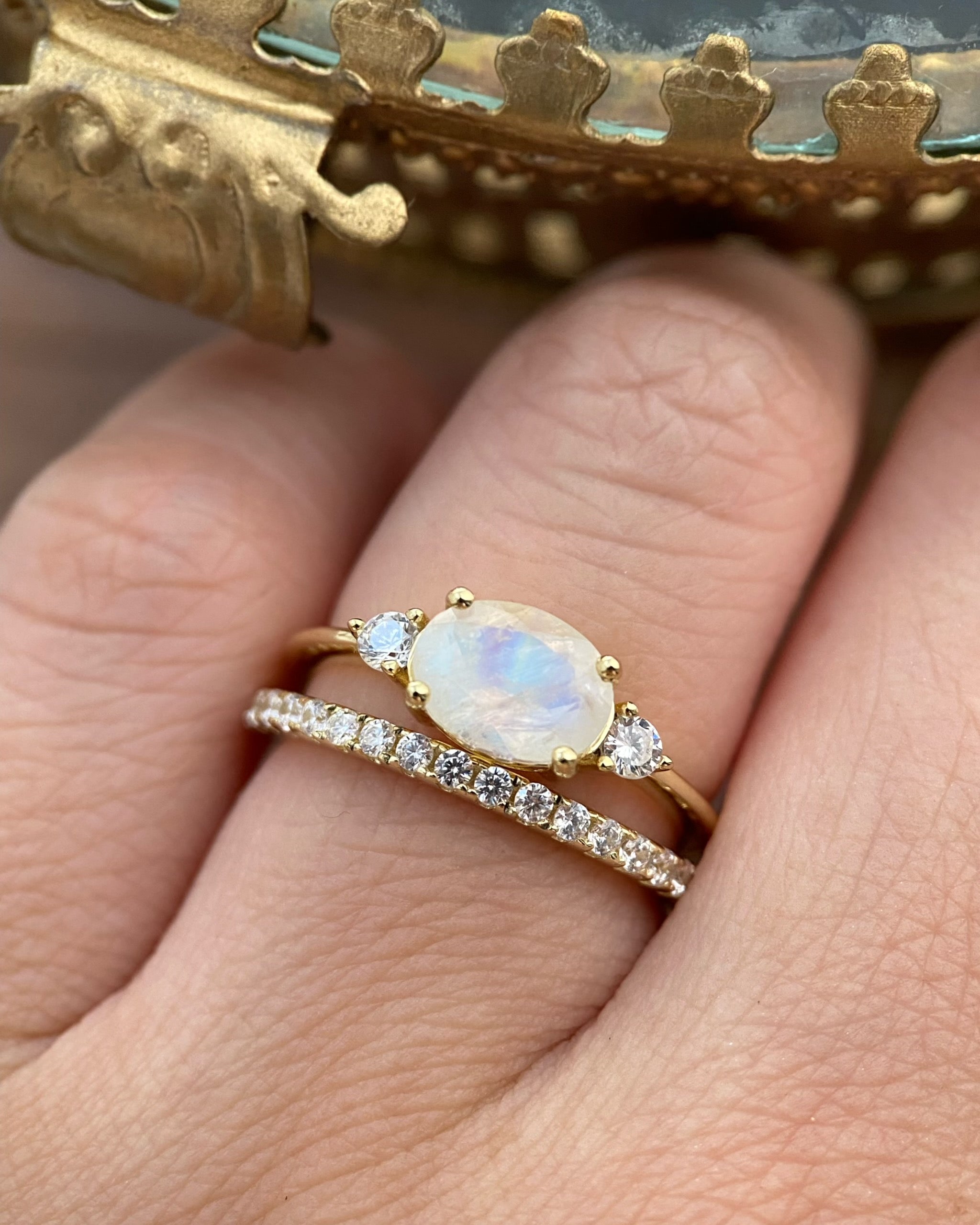 Lunette Set | Unique Handmade Natural Blue Moonstone Engagement Ring Set 2pcs 1.5ct Oval Cut