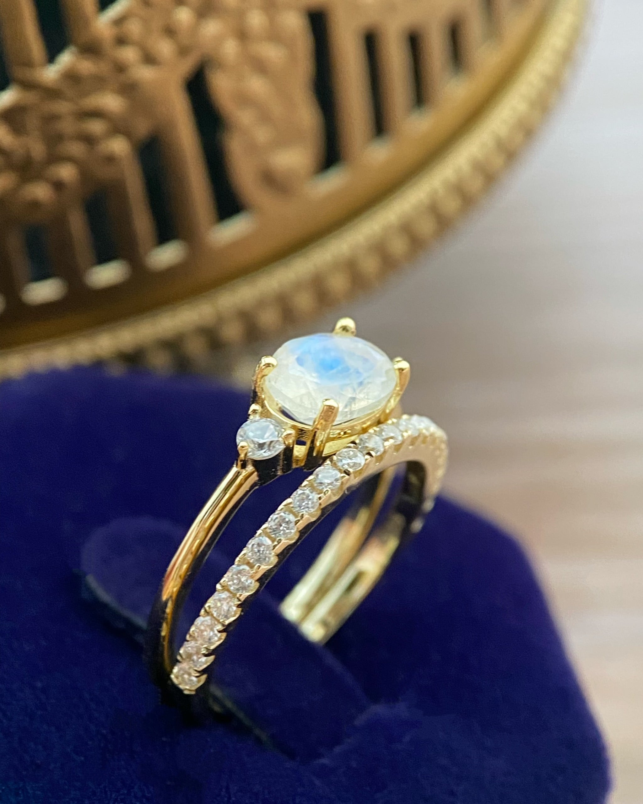 Lunette Set | Unique Handmade Natural Blue Moonstone Engagement Ring Set 2pcs 1.5ct Oval Cut
