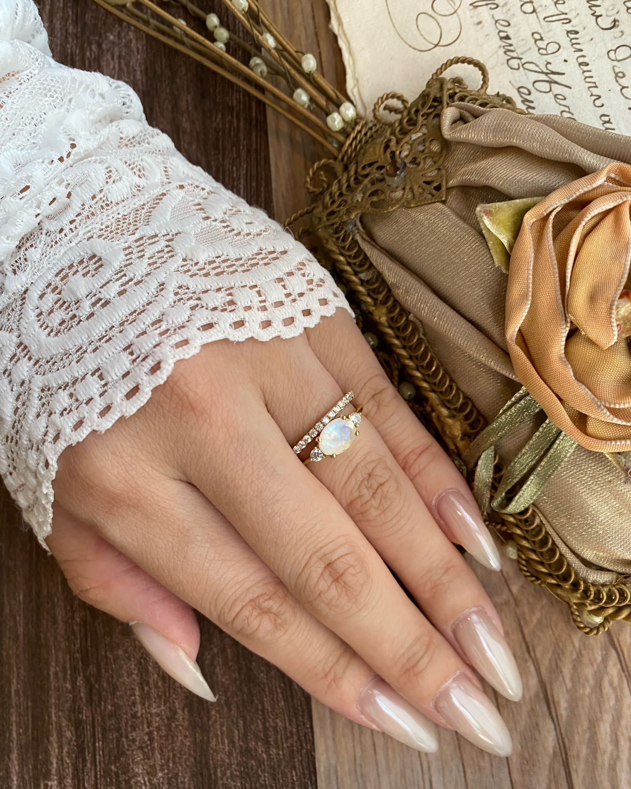 Lunette Set | Unique Handmade Natural Blue Moonstone Engagement Ring Set 2pcs 1.5ct Oval Cut