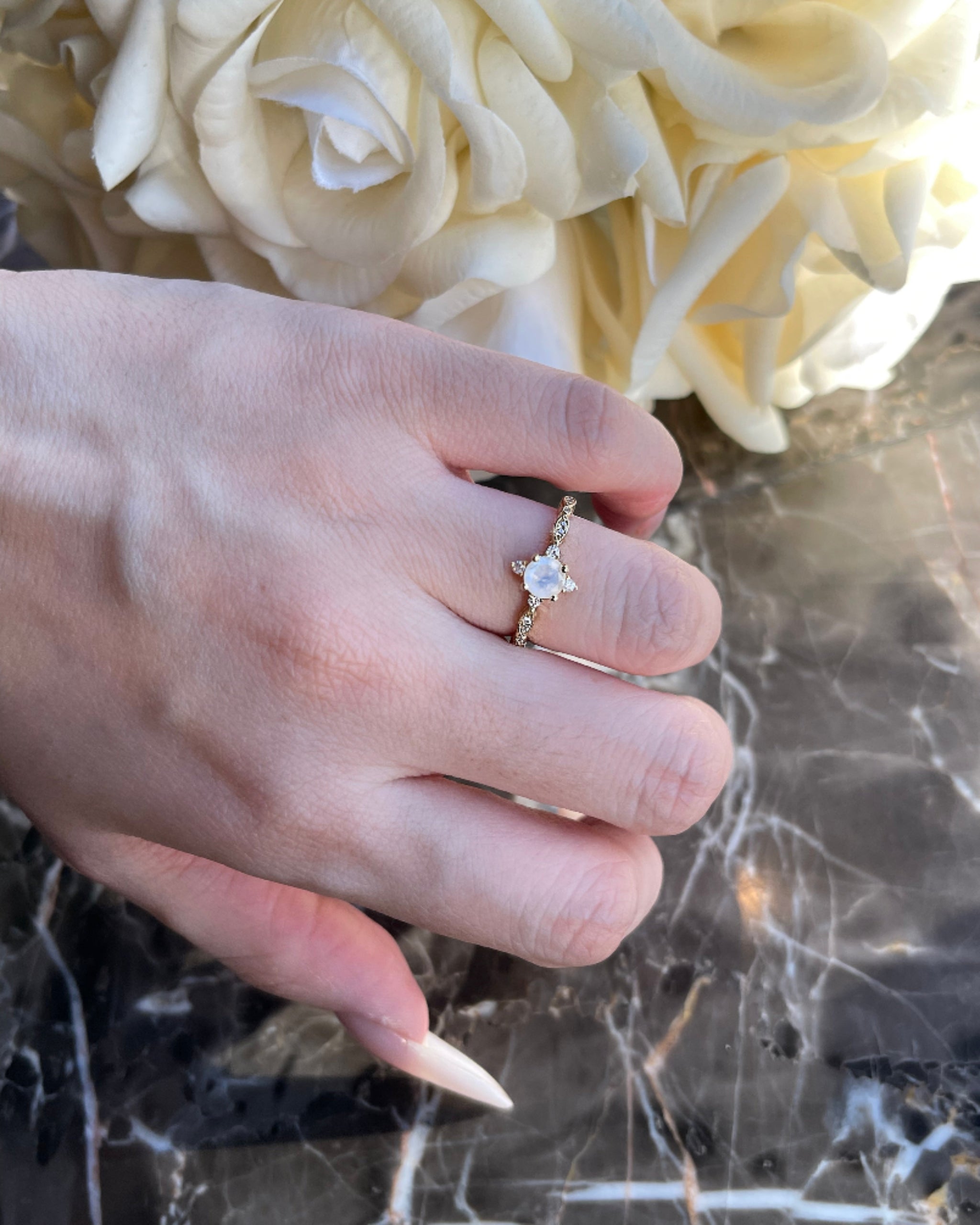 Lucentia | Handmade Natural Blue Moonstone Engagement Ring Round Cut