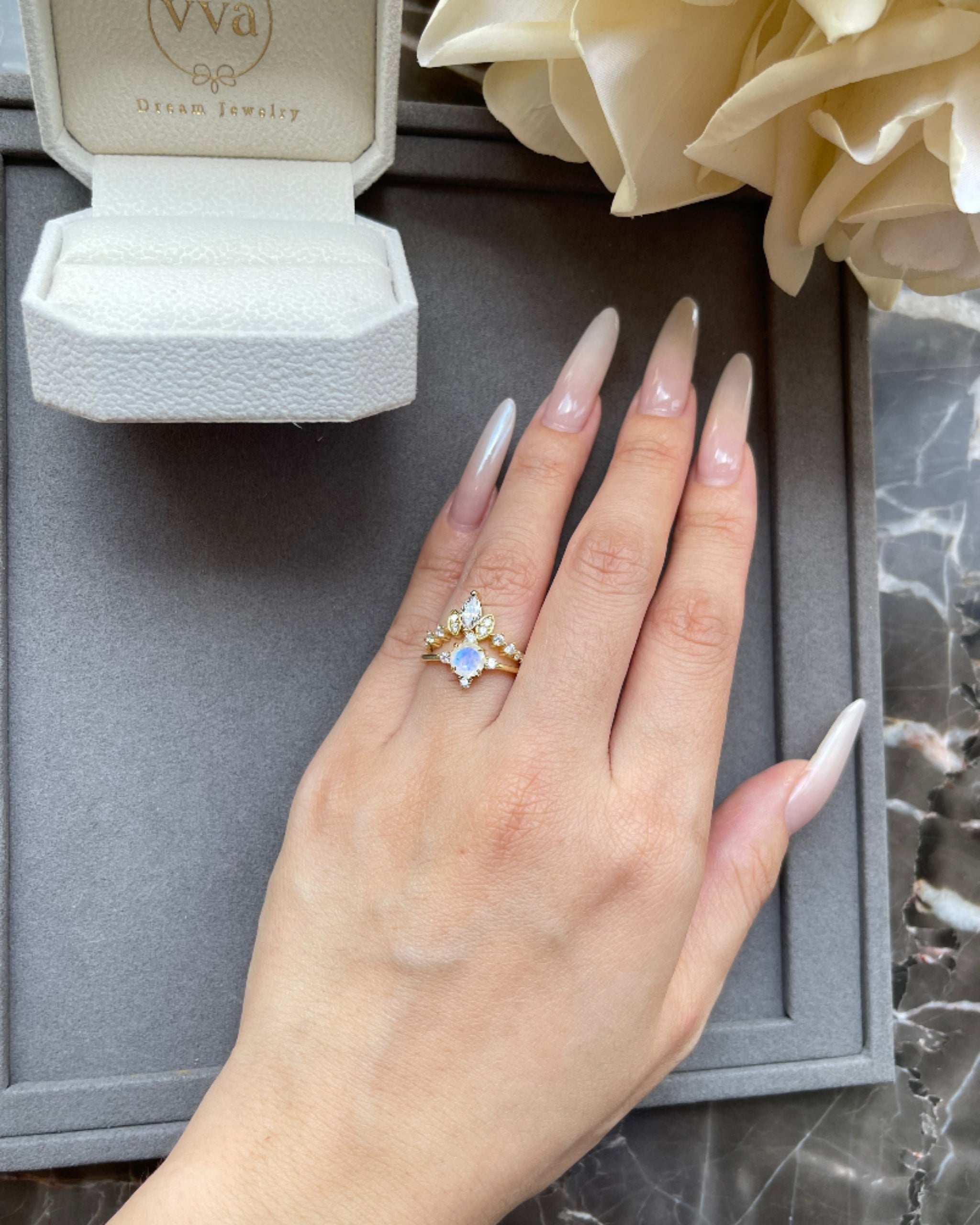 Lucentia Set | Handmade Natural Blue Moonstone Engagement Ring Set 2pcs Round Cut