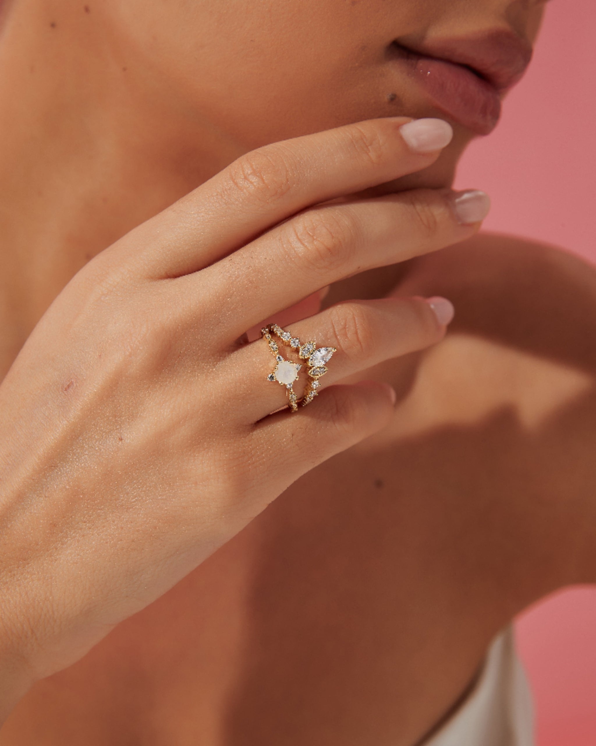 Lucentia Set | Handmade Natural Blue Moonstone Engagement Ring Set 2pcs Round Cut