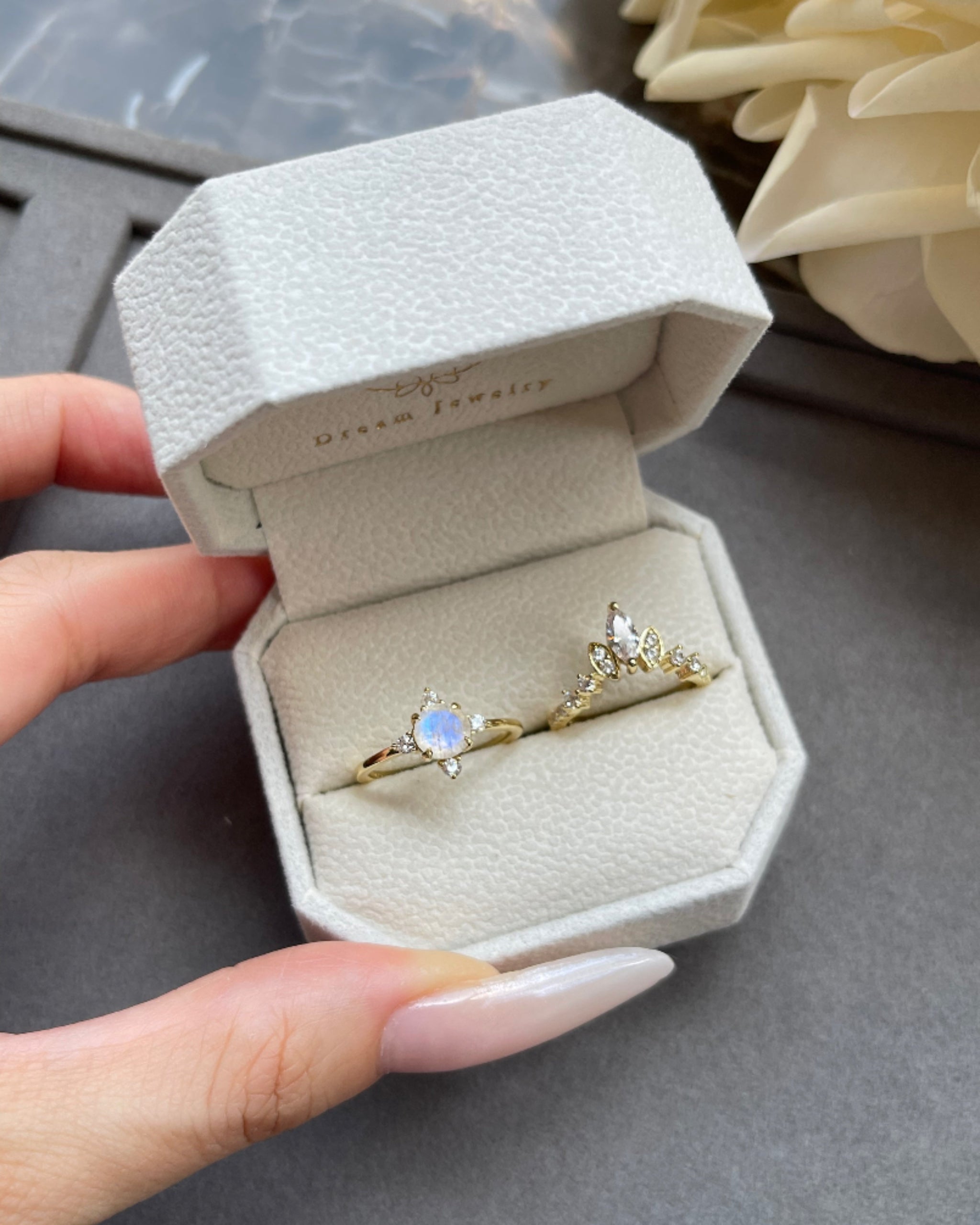 Lucentia Set | Handmade Natural Blue Moonstone Engagement Ring Set 2pcs Round Cut