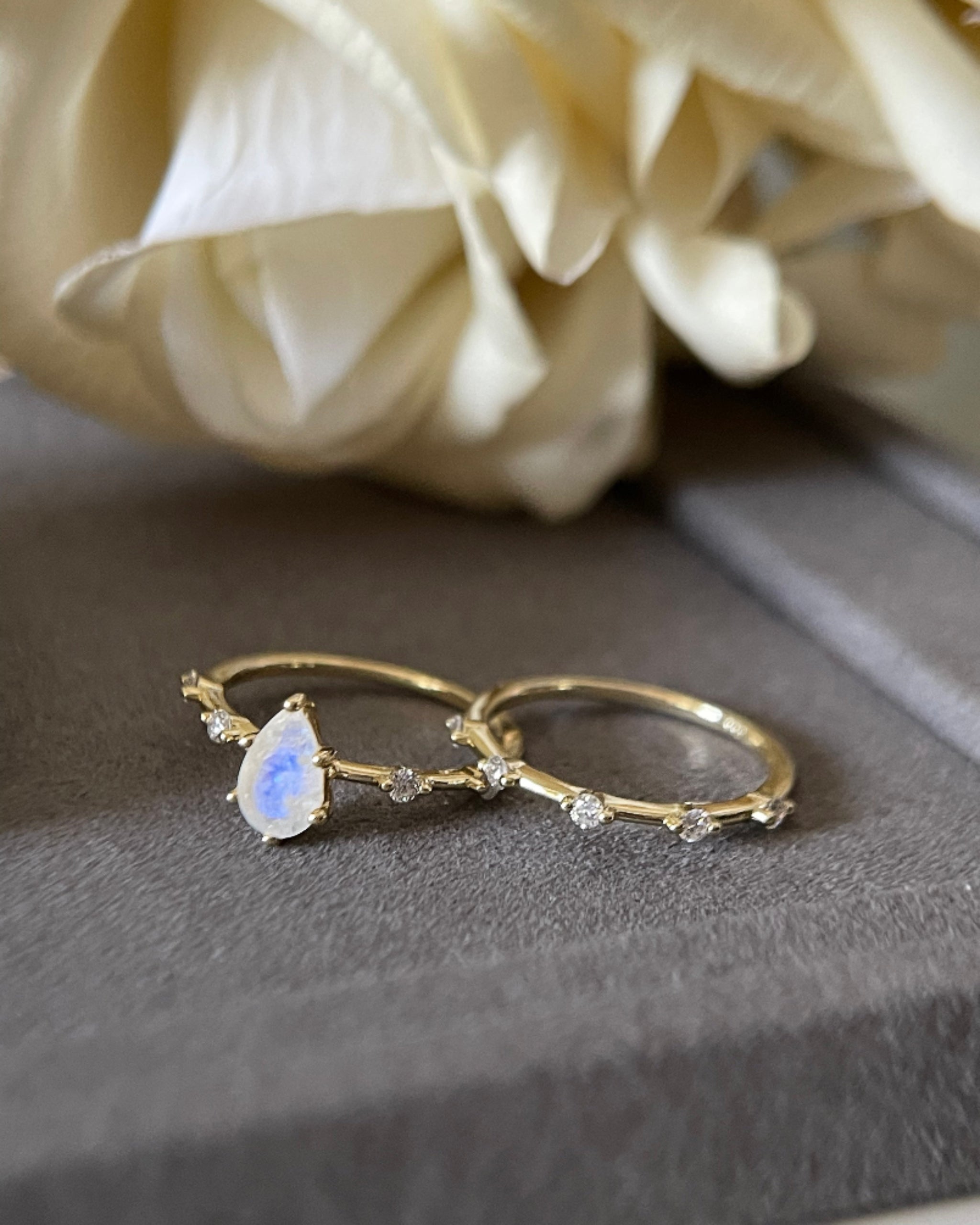 Soulmate Set | Unique Handmade Natural Blue Moonstone Engagement Ring Set 2pcs 0.75ct Pear Shape