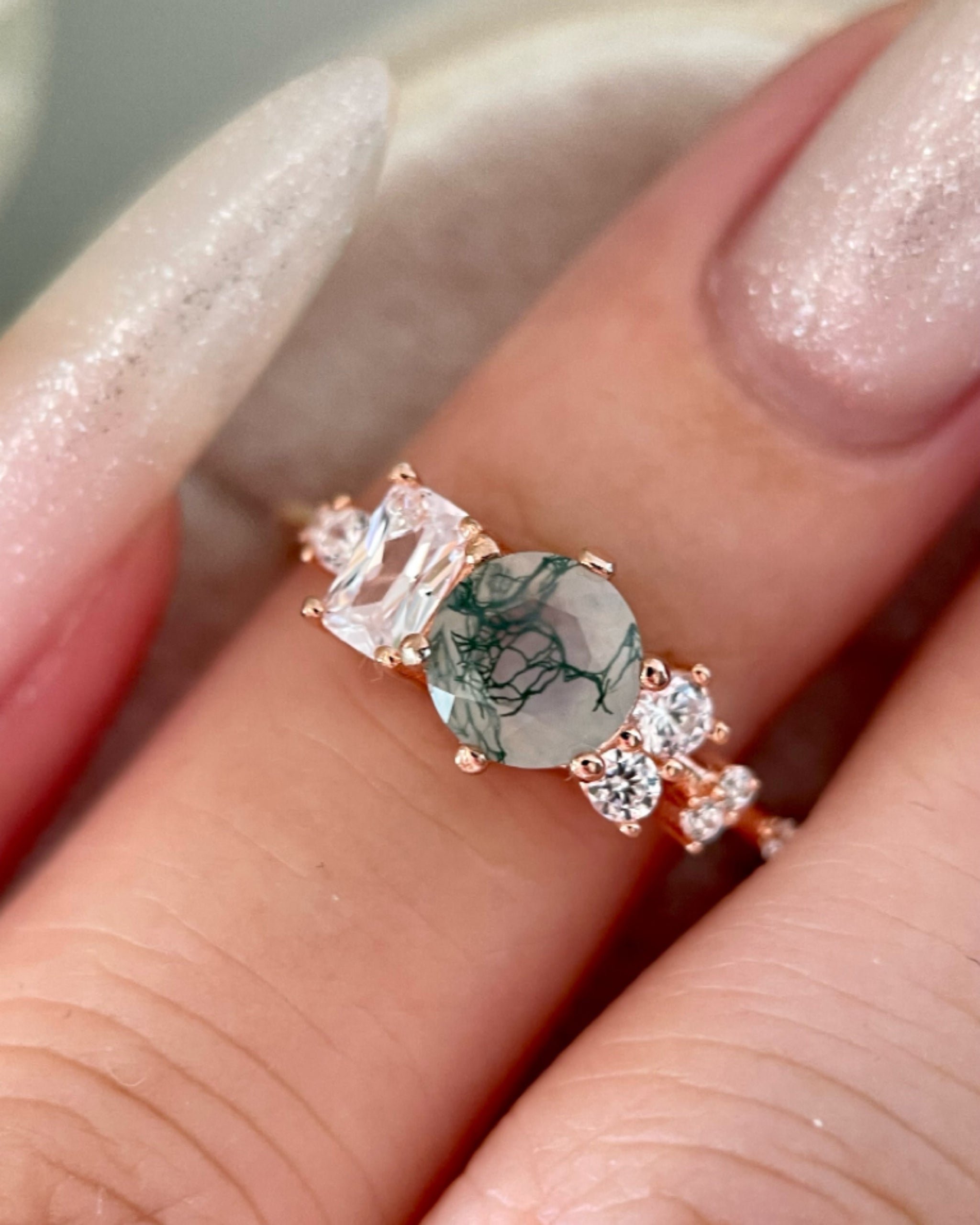 Veridia Cascade | Unique Handmade Natural Moss Agate Engagement Ring 0.8ct Round Cut