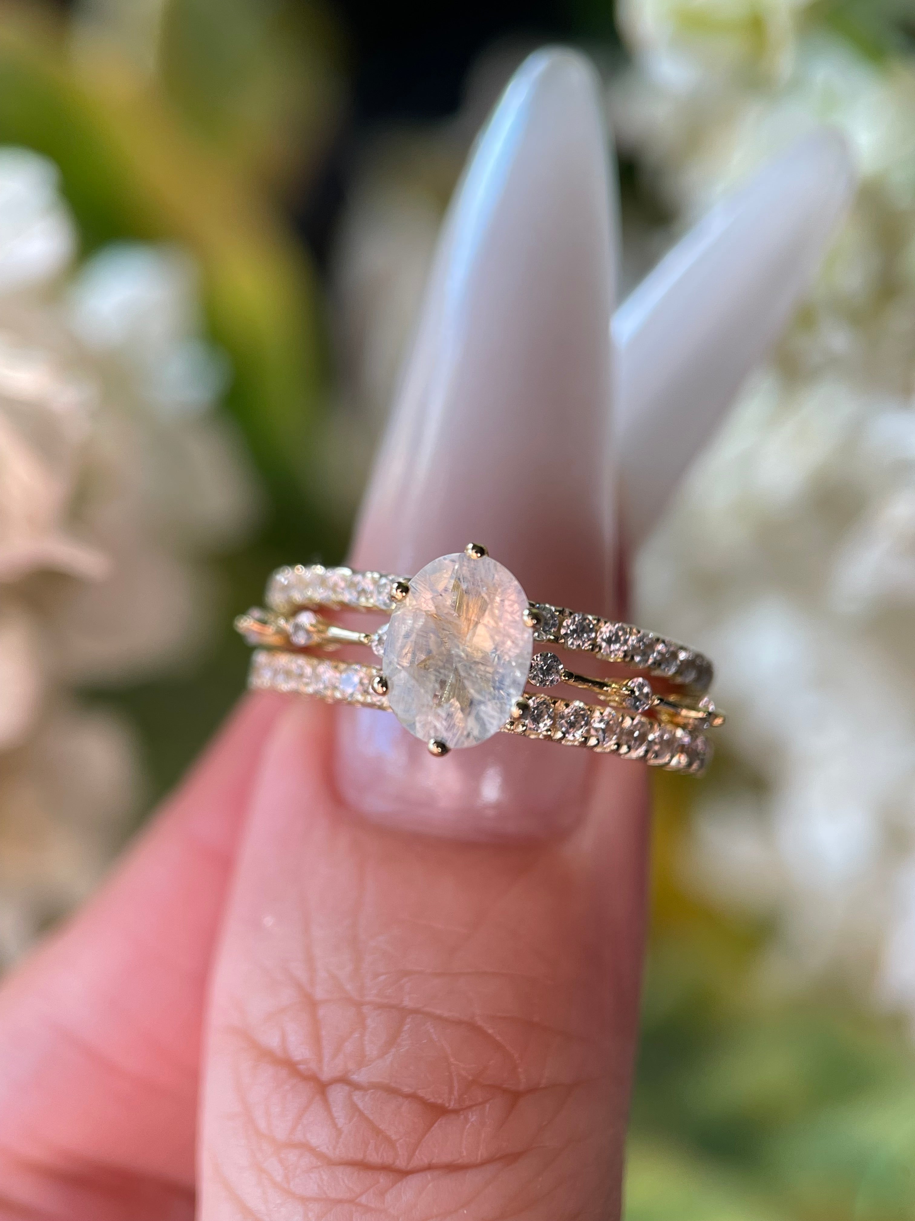 【Eternal Phases Set】Unique Handmade Natural Blue Moonstone Engagement Ring Set 3pcs 1.5ct Oval Cut