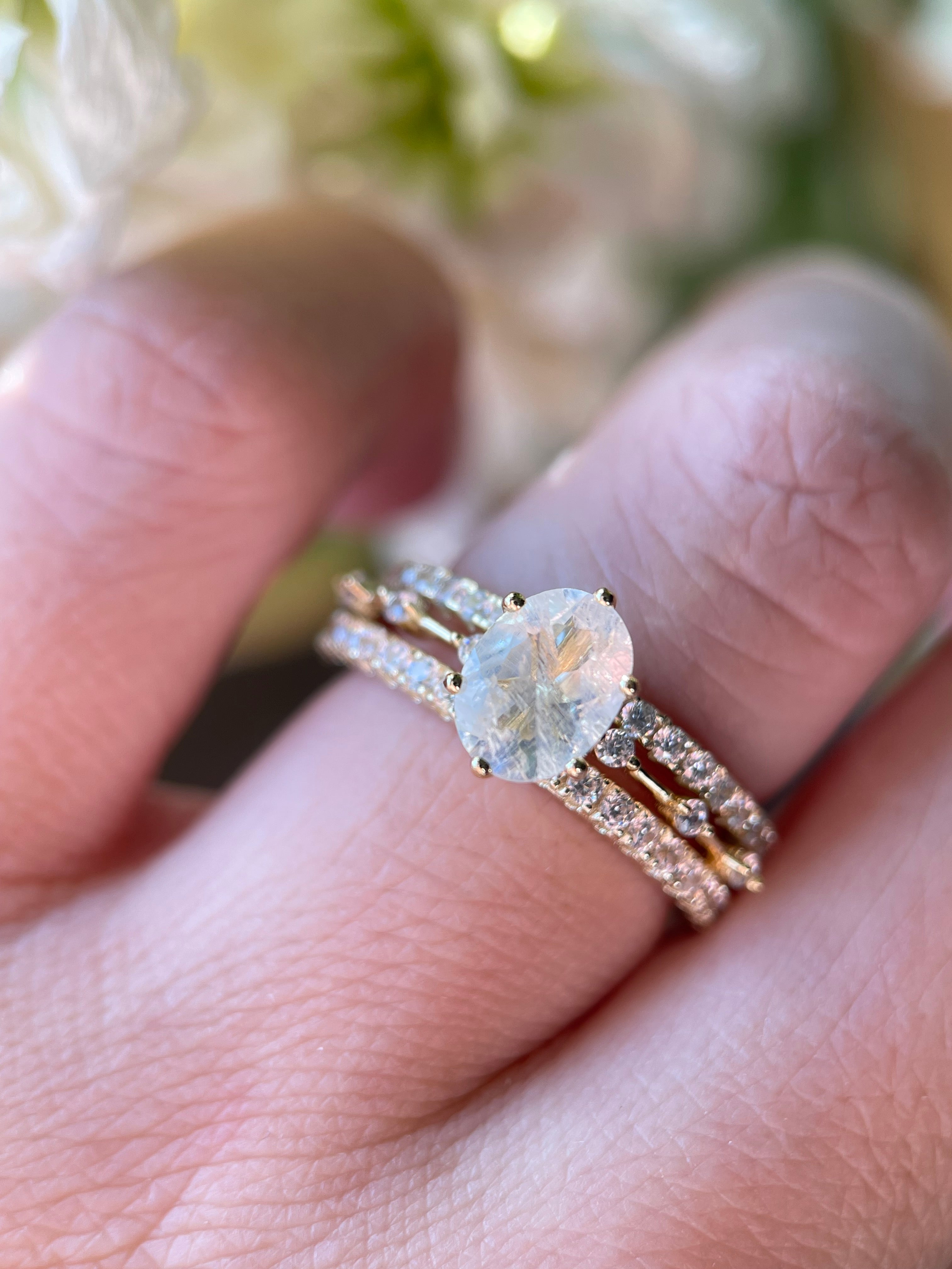 【Eternal Phases Set】Unique Handmade Natural Blue Moonstone Engagement Ring Set 3pcs 1.5ct Oval Cut