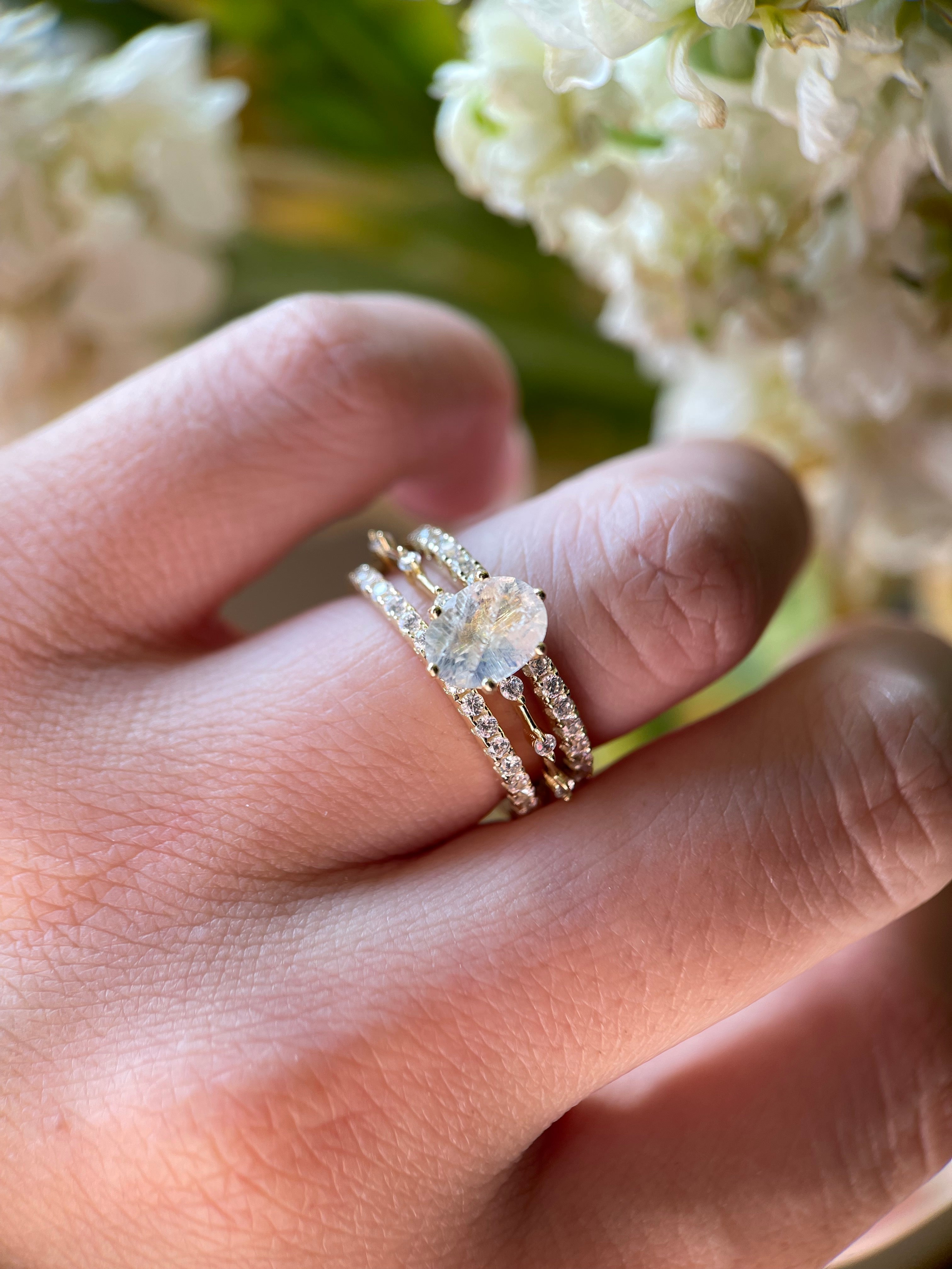 【Eternal Phases Set】Unique Handmade Natural Blue Moonstone Engagement Ring Set 3pcs 1.5ct Oval Cut