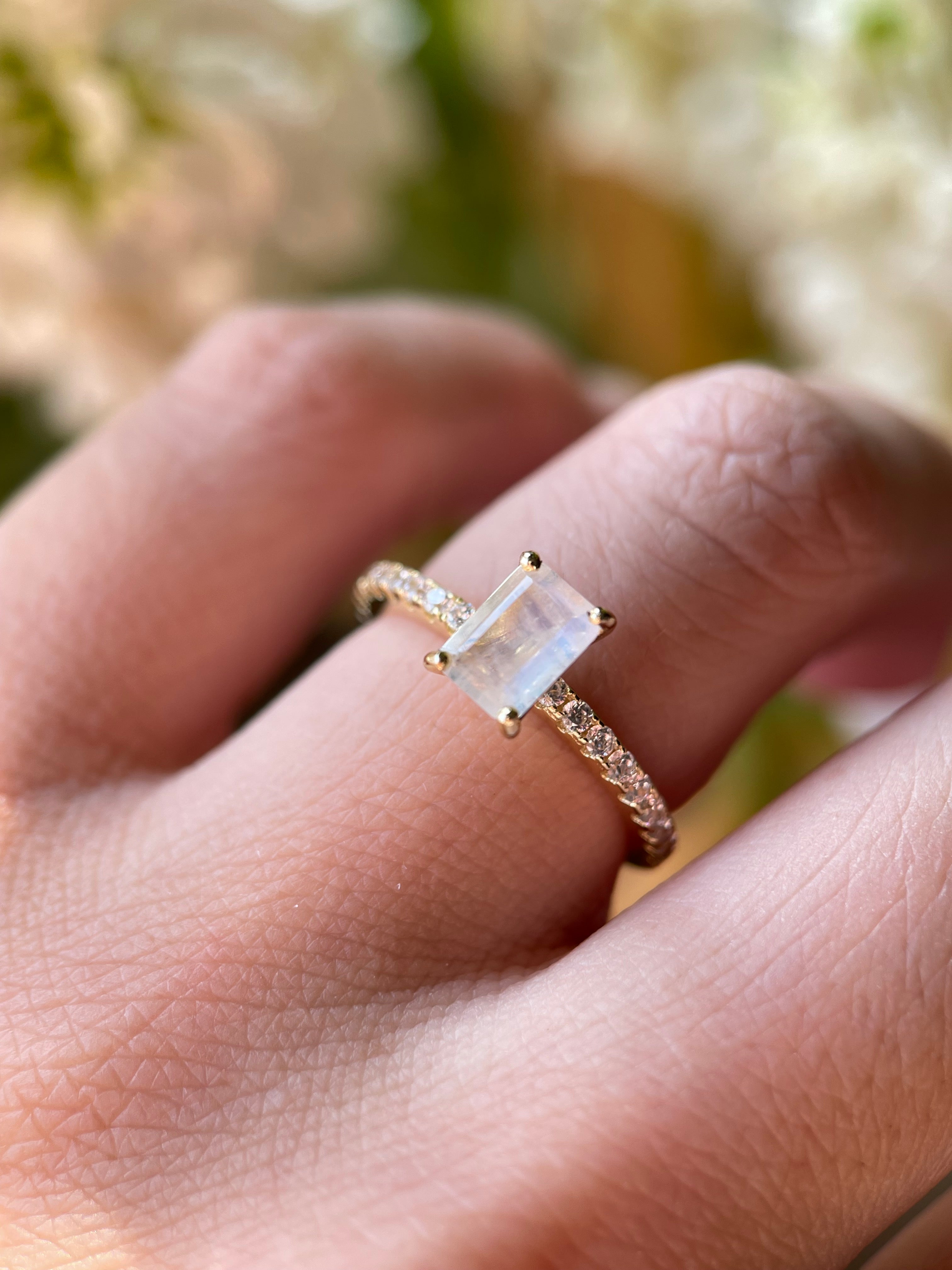 【Iris】Unique Handmade Natural Blue Moonstone Engagement Ring 1ct Emerald Cut